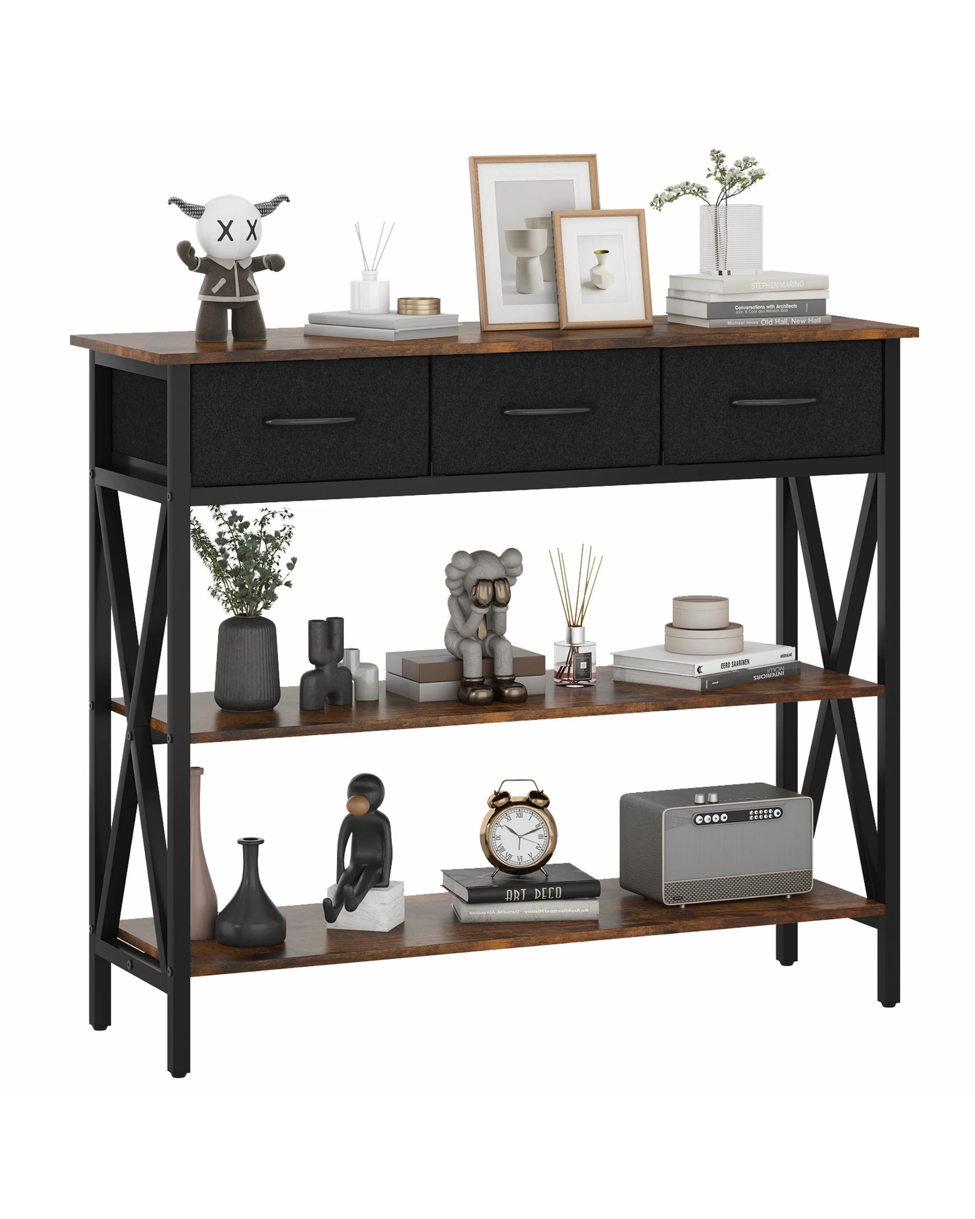 1 Advwin 3-Tier Console Table w/ 3 Drawers Hallway Table Narrow Entryway Display Table Walnut, 1 of 9