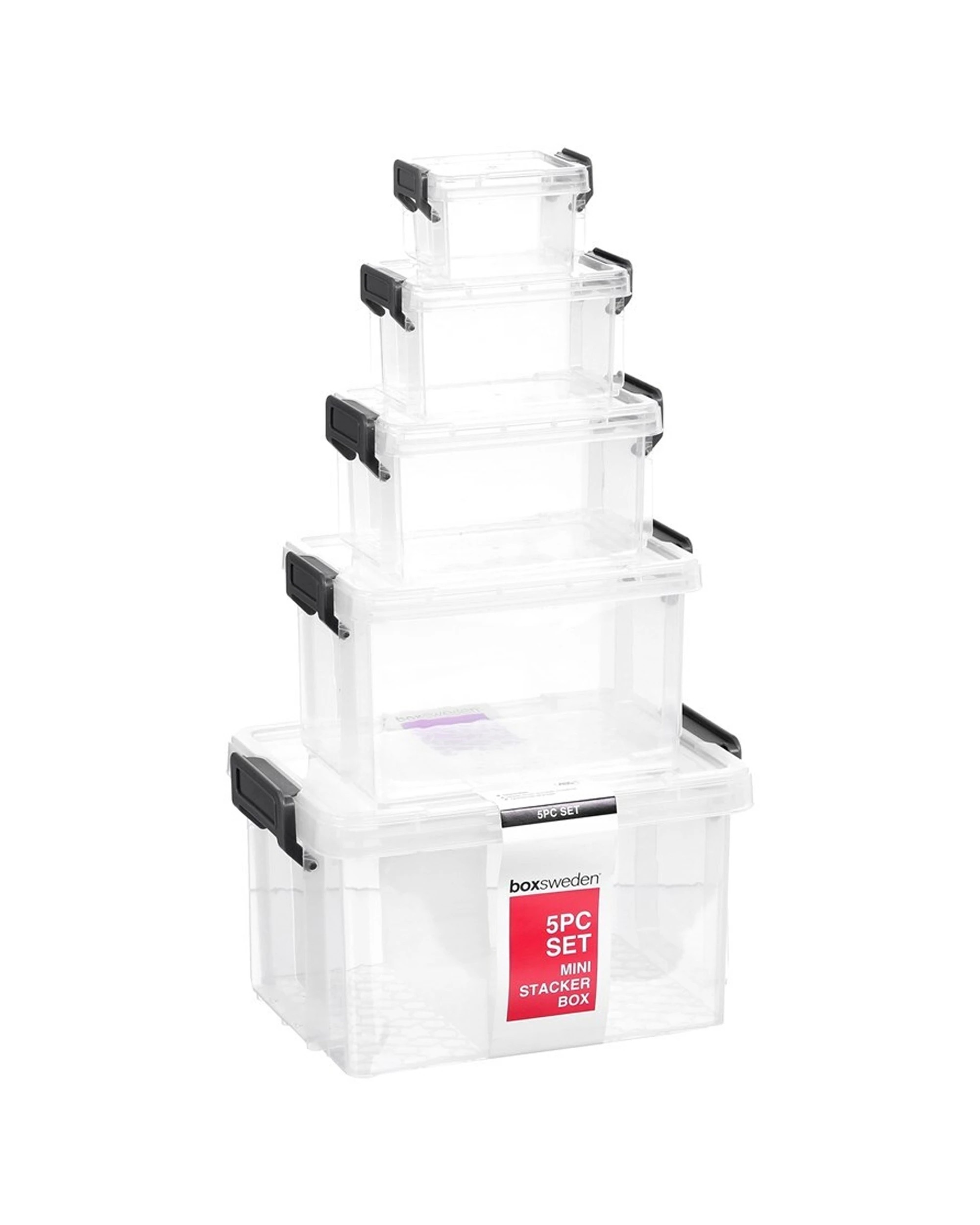 1 Boxsweden Mini Stacker Box 5 Piece Set Stackable Clip Lock Lid Various Sizes
 - plain, 1 of 4