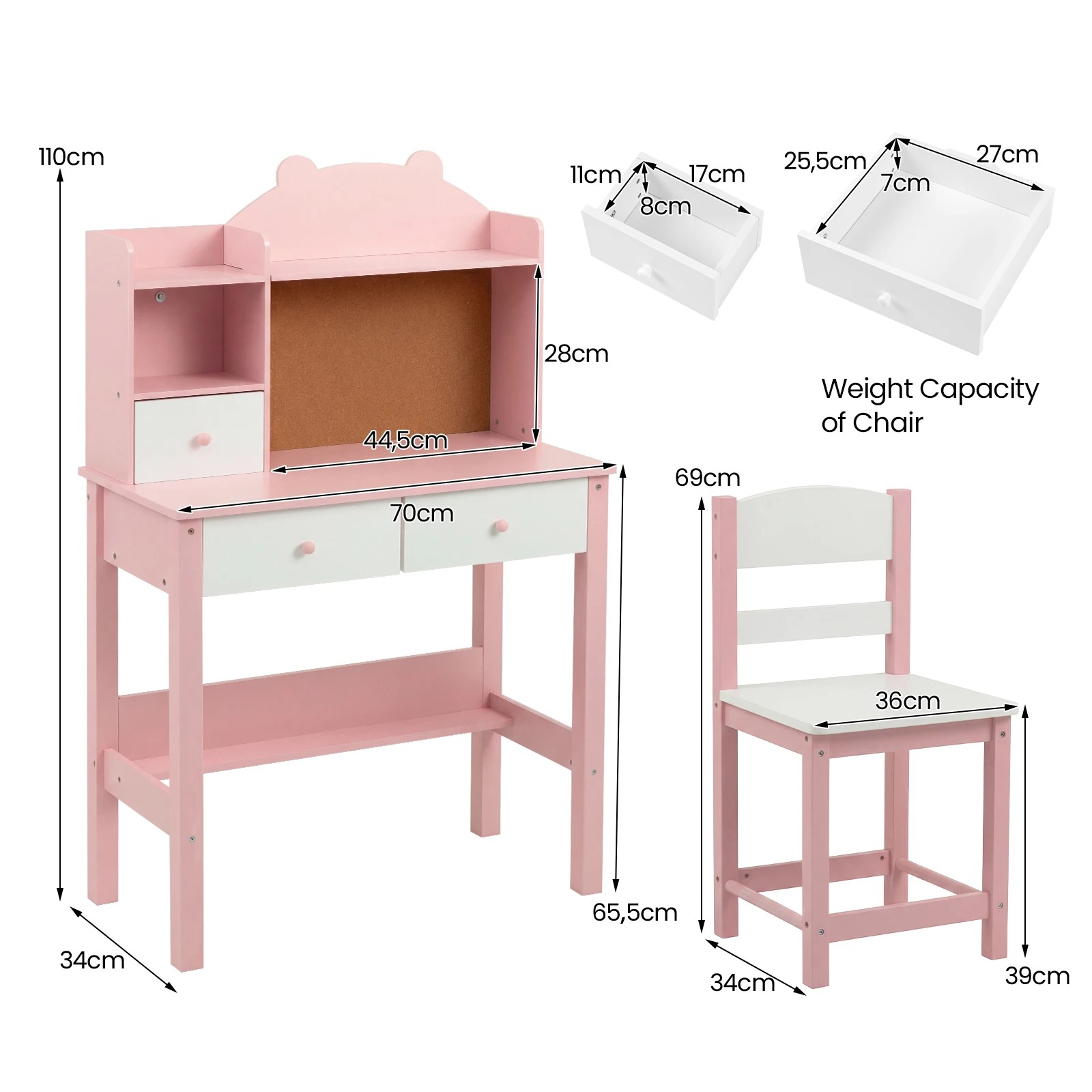 3 Costway Wooden Desk Chair Set Bear Student Writing Table Study Room w/Drawers - Pink, 3 of 4
