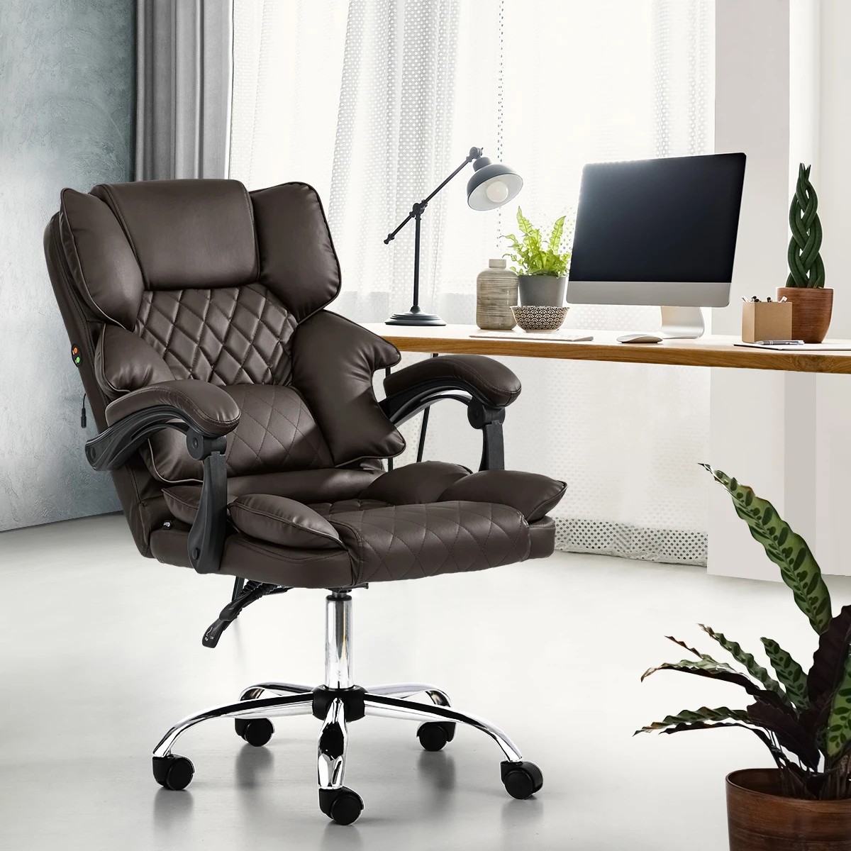 4 Oikiture Massage Office Chair Computer Racer PU Leather Seat Recliner - Brown, 4 of 7