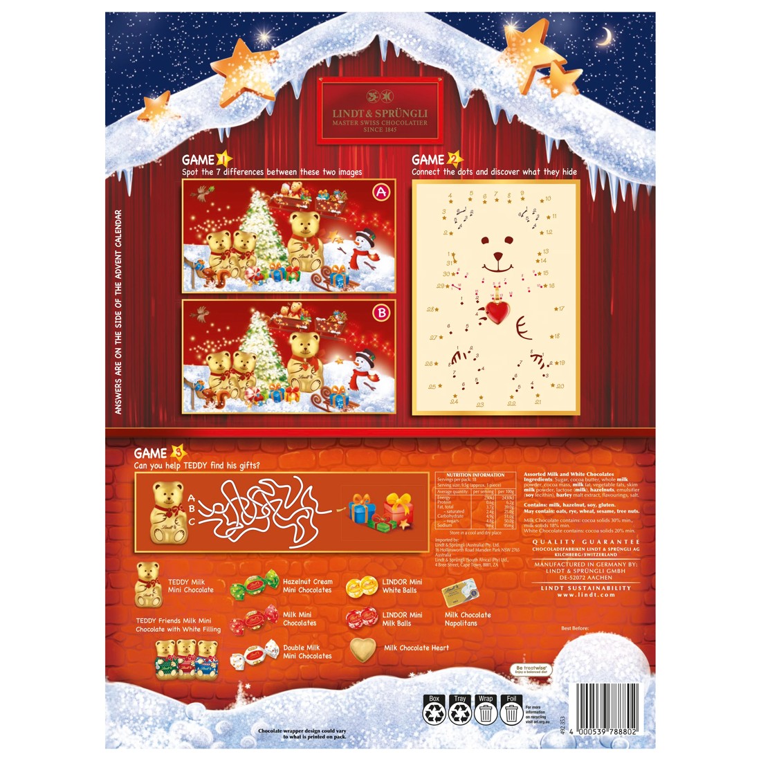 3 Lindt Teddy Advent Calendar Assorted Chocolates 170g, 3 of 8