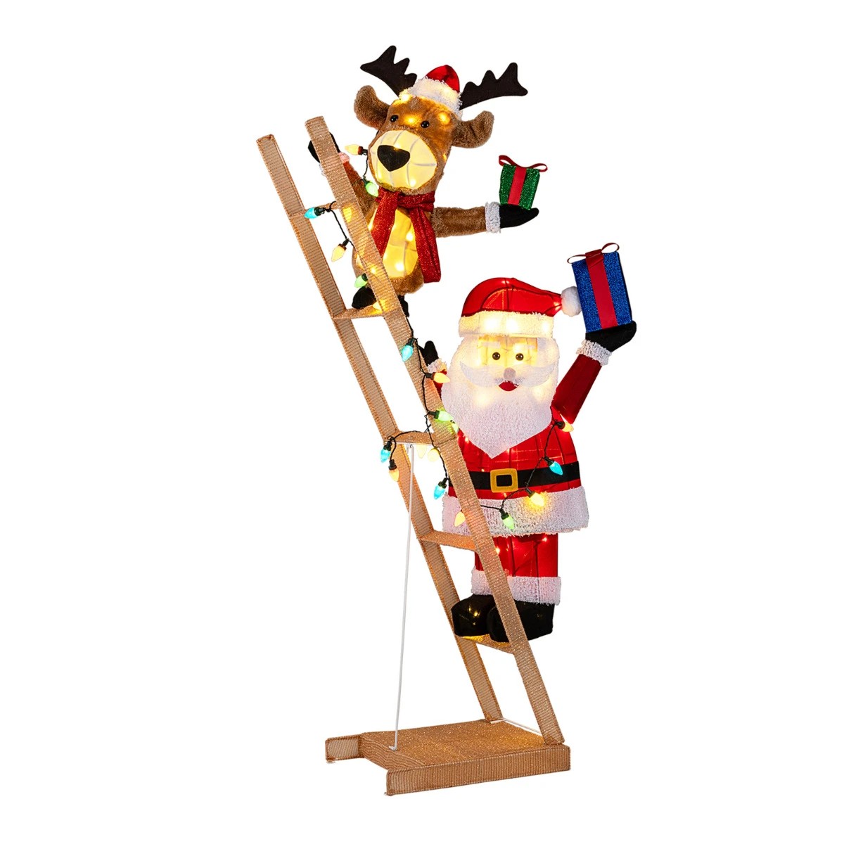 1 Costway Christmas Lighted Reindeer & Santa Claus on Ladder 166cm Pre-Lit Xmas Decoration, 1 of 5