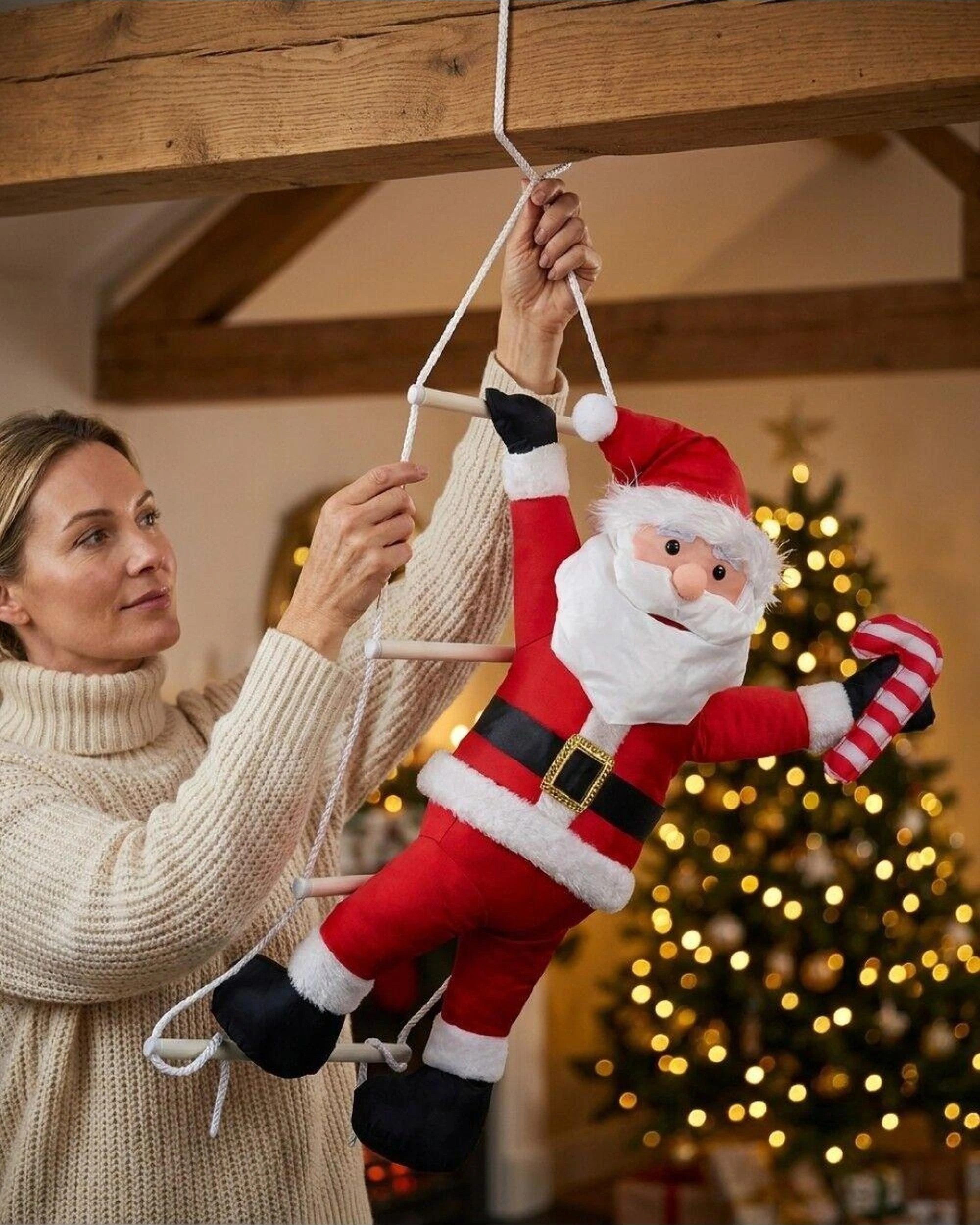 Christmas Warehouse Hanging Santa On Ladder Outdoor Stretch Nylon ...