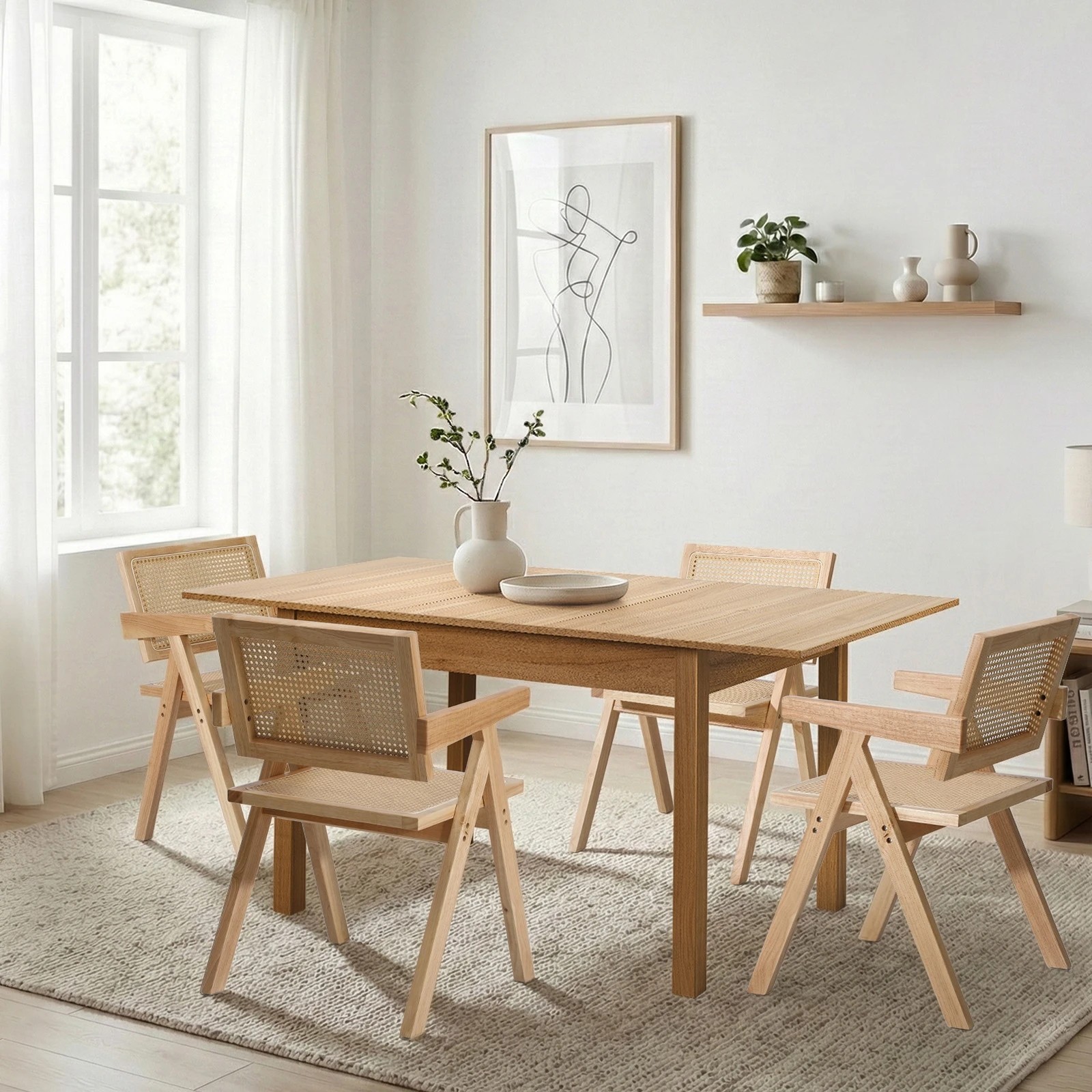 4 Oikiture 5pc Extenable Dining Table and Chairs Wooden Dining Set Ratten - Natural, 4 of 10