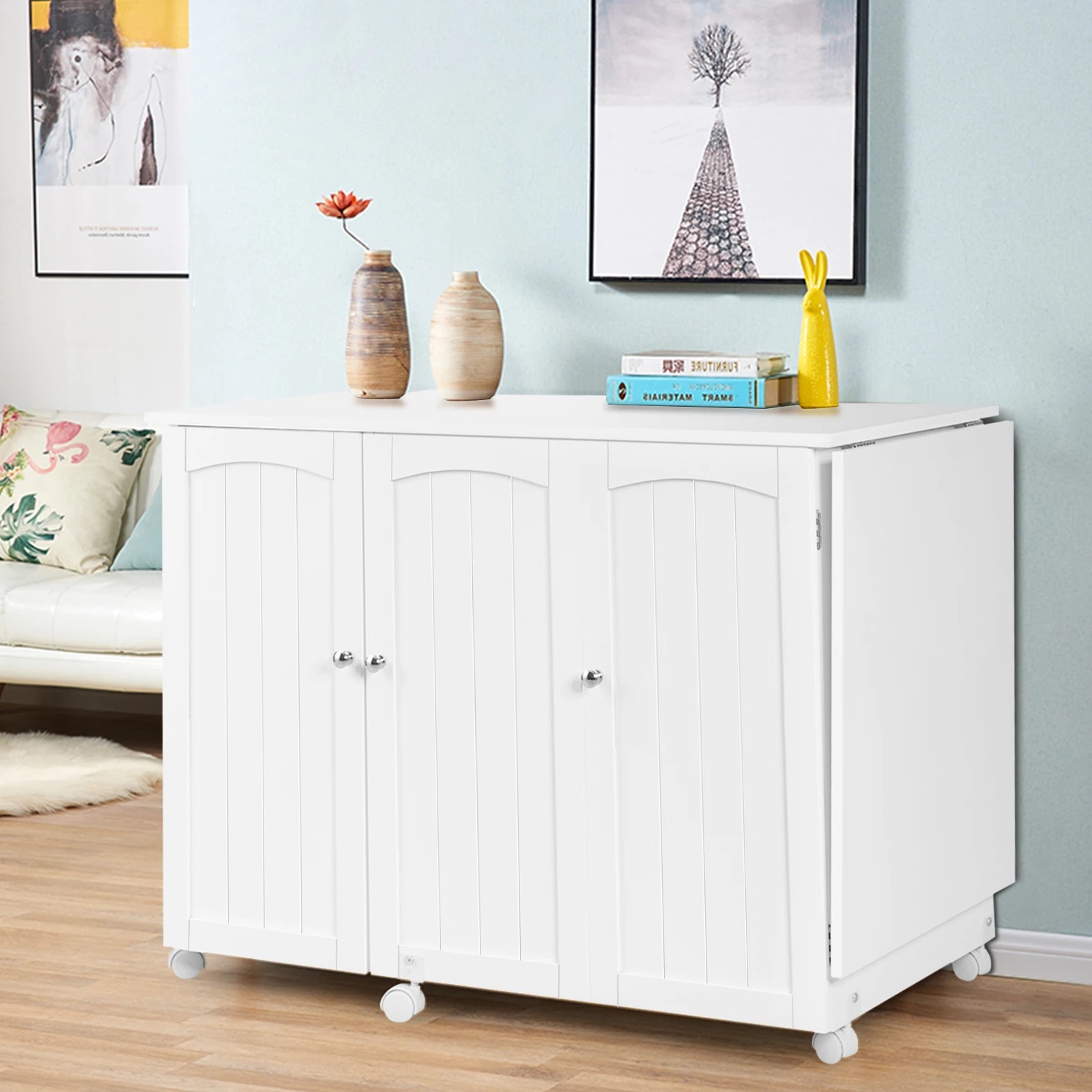 4 Costway Foldable Sewing Table Rolling Drop Leaf Craft Table w/Storage Bins - White, 4 of 5