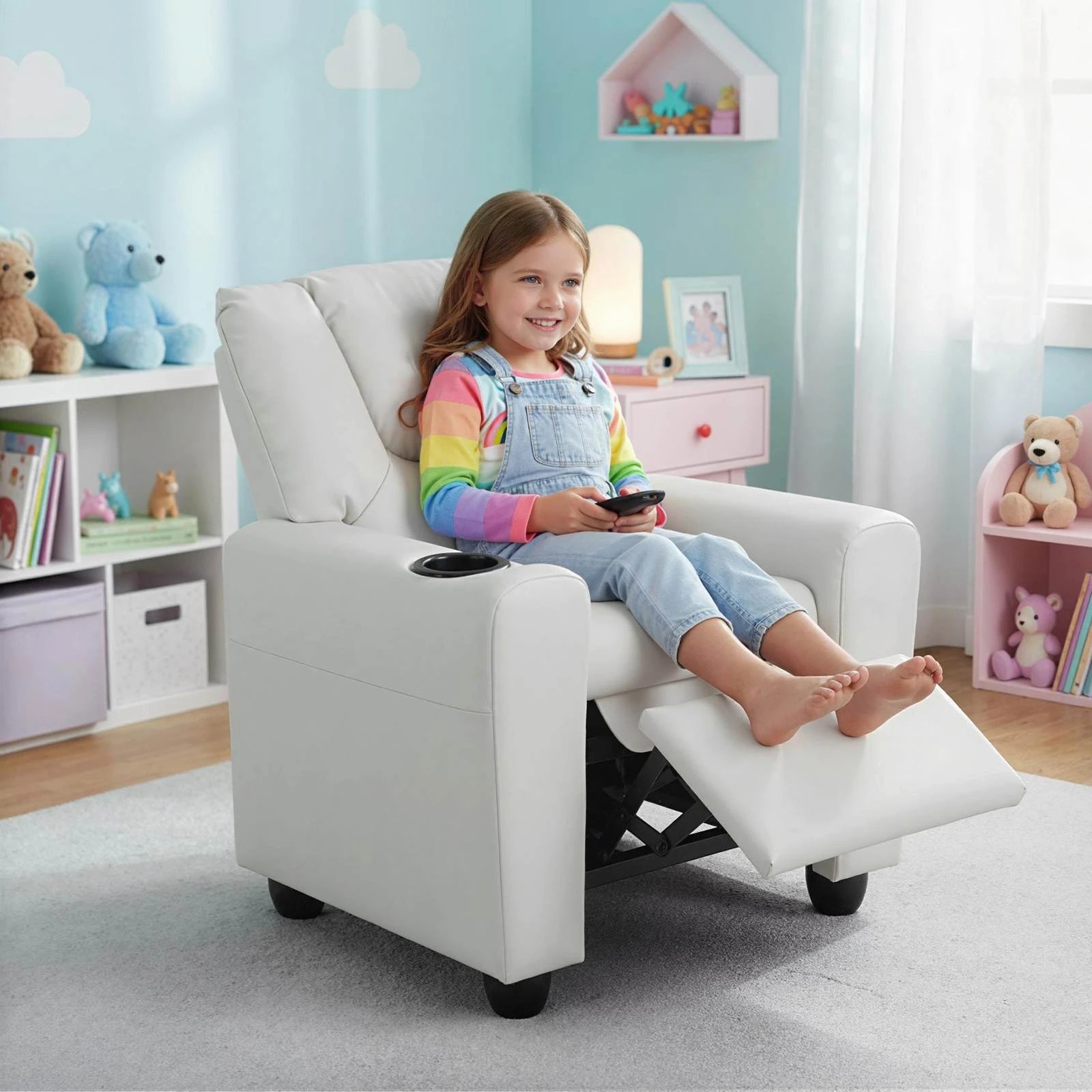 1 Costway Recliner Chair PU Leather Push Back Kids Sofa - Beige, 1 of 1