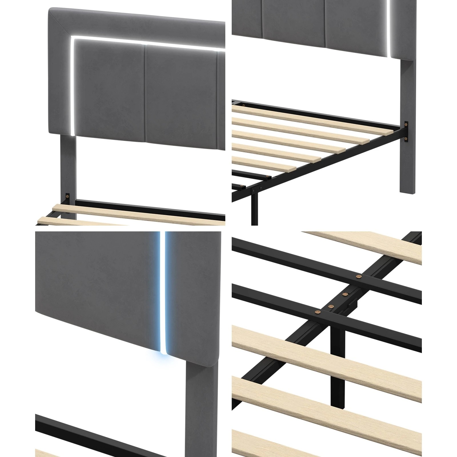 7 Oikiture LED Double Bed Frame With 4 Storage Drawers & Charging Station - Grey, 7 of 9