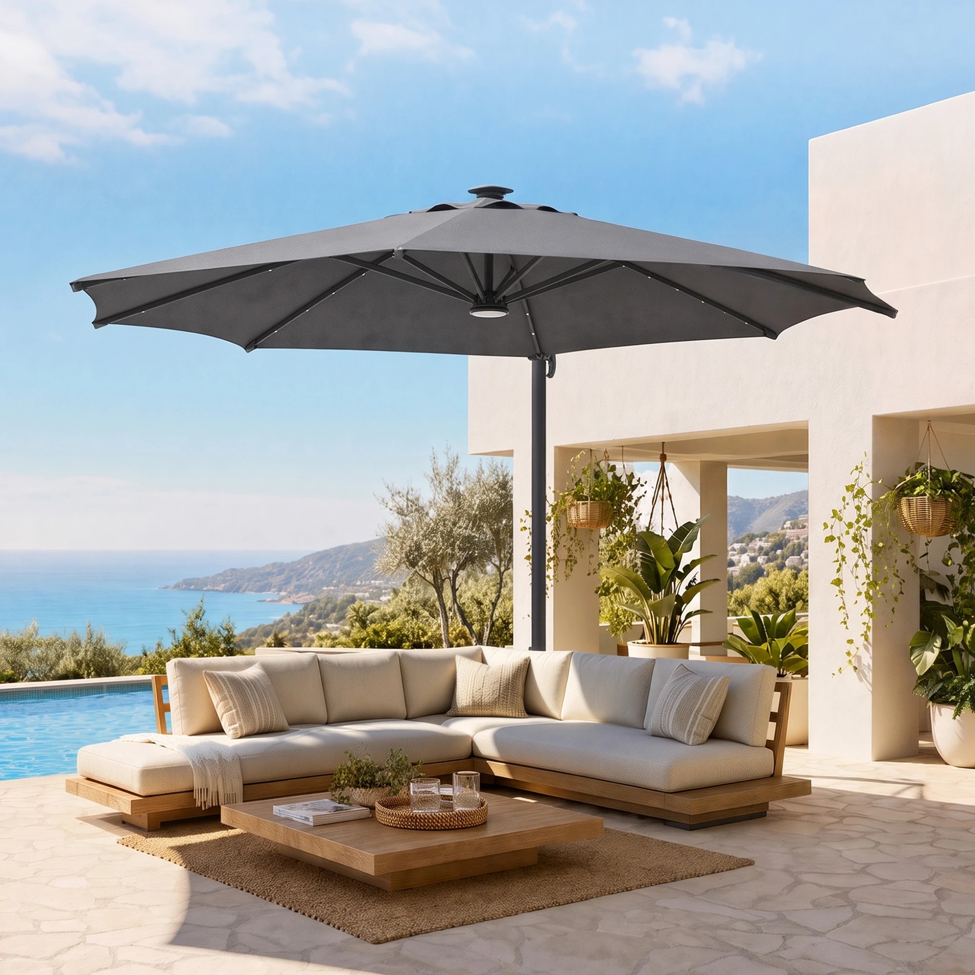 5 Instahut Outdoor Umbrella 3m Solar LED Offset Cantilever Patio Parasol - Charcoal, 5 of 10