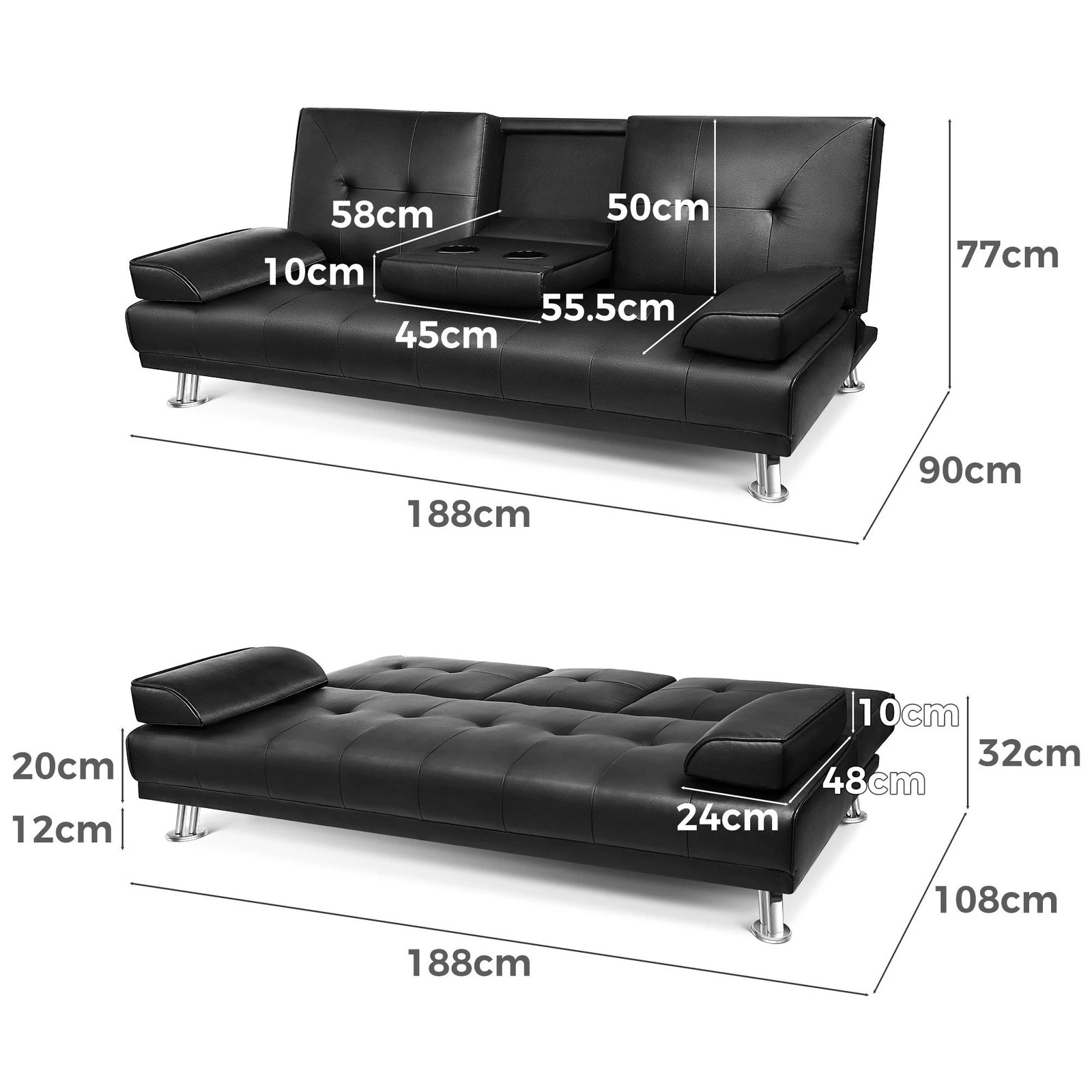 3 Alfordson Sofa Bed Lounge 3 Seater Futon Couch Cup Holder Leather - Black, 3 of 10