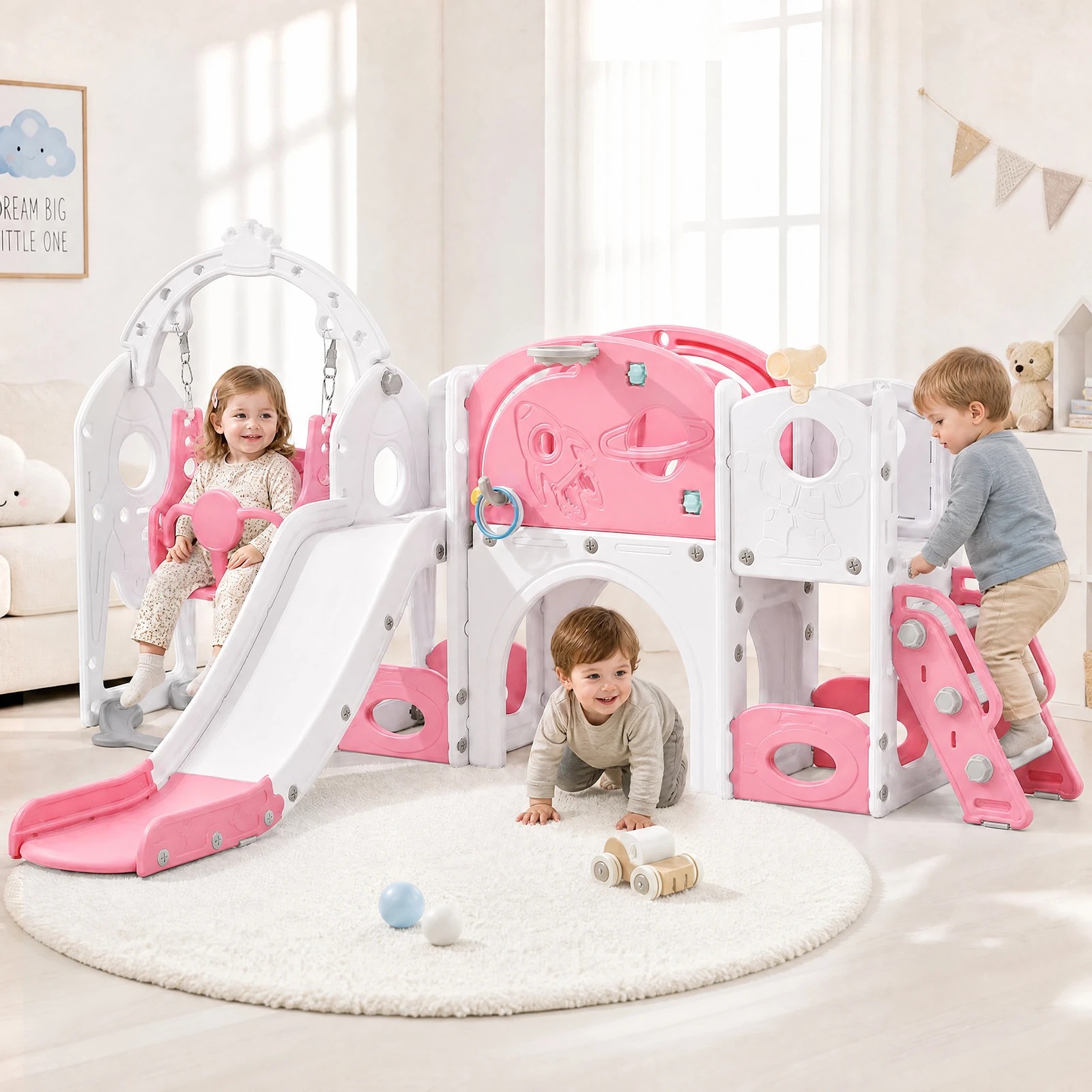 6 Advwin 10-in-1 Kids Slide Swing Set Indoor Outdoor Toddler Playground Activity Centre Kids Playset, Pink+White - Pink, 6 of 8