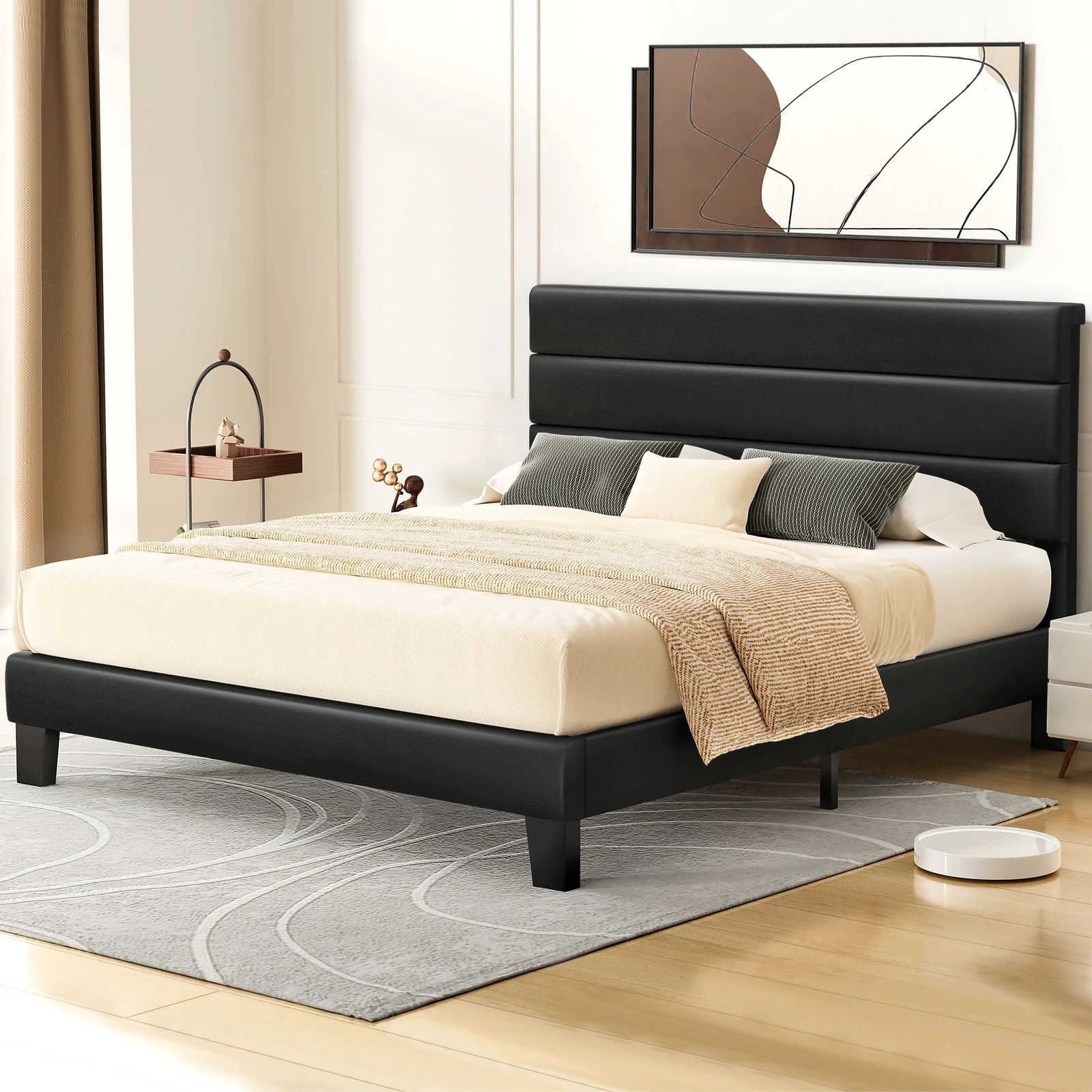 2 Alfordson Bed Frame Queen Size Upholstered Platform Leather Harlene - Black, 2 of 10