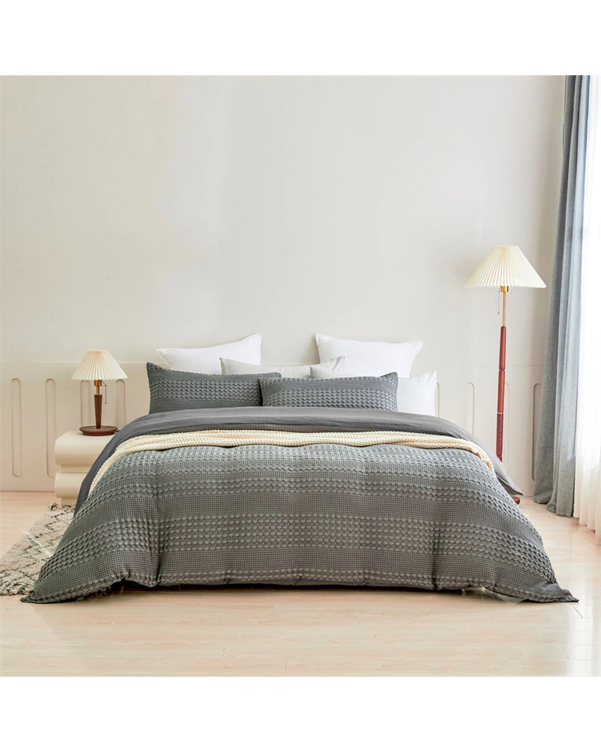 2 Cotton More 100% Cotton Striped Large Waffle Pattern Quilt Doona Set Queen - Grey, 2 of 7