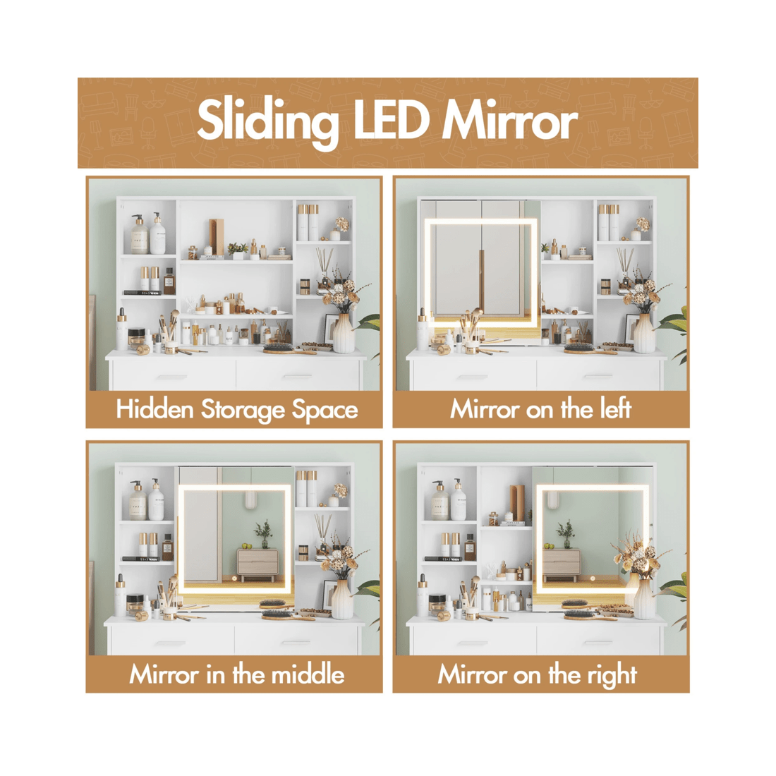 8 Advwin Dressing Table Stool Set With Slide Make Up Led Mirror Vanity Desk With 2 Storage Drawers And Open Storage Shelf, 8 of 10