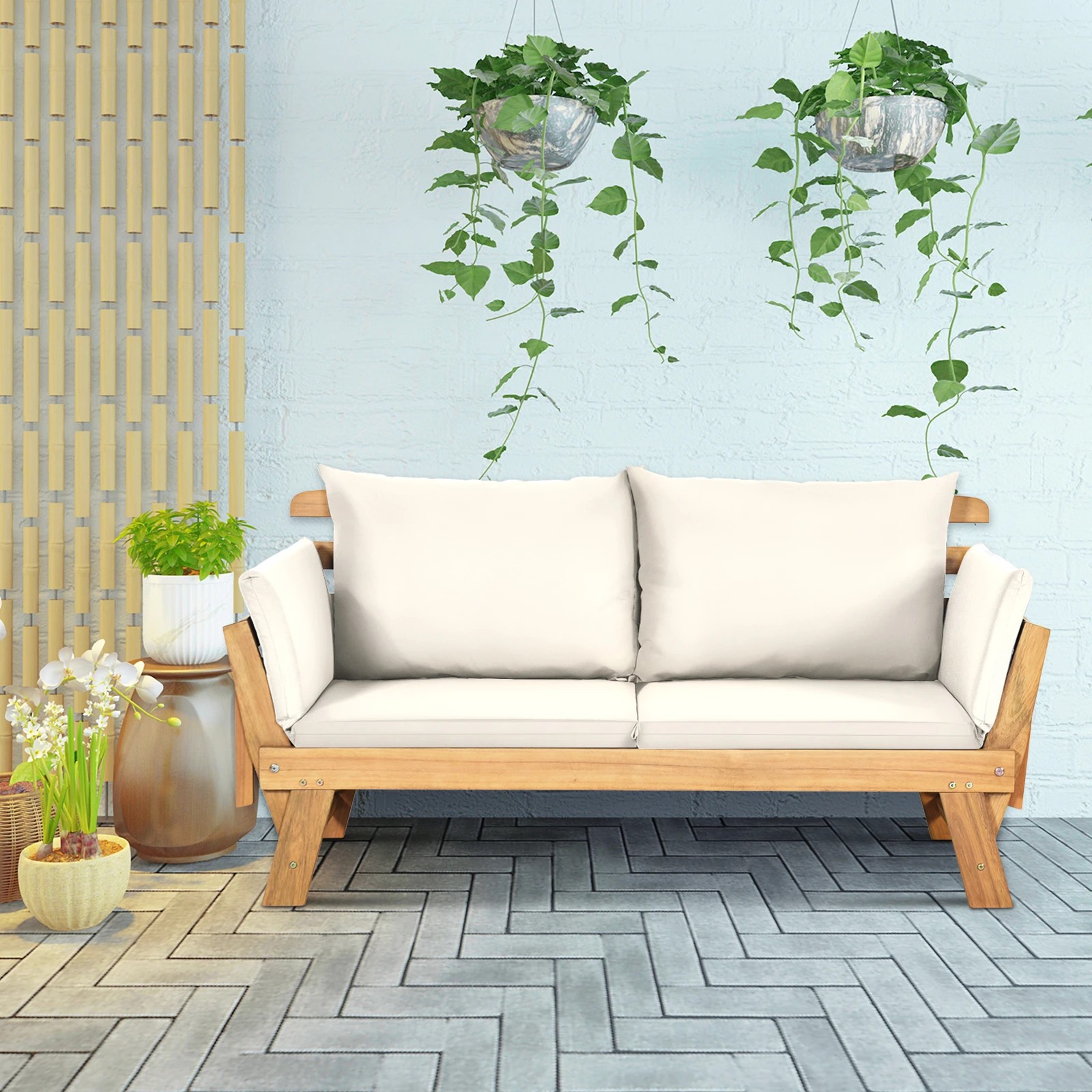 3 Costway Outdoor Acacia Wood Patio Sofa w/Adjustable Armrest - White, 3 of 3