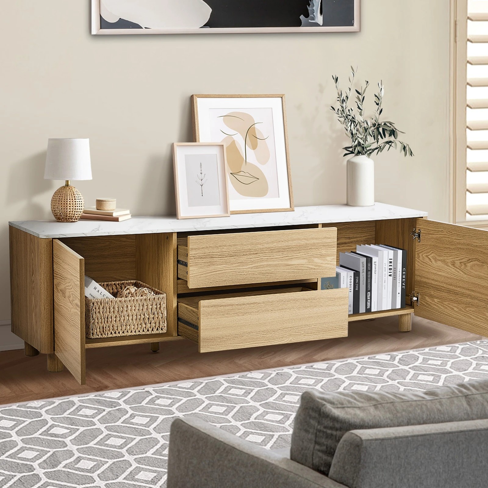 3 Oikiture Tv Cabinet Entertainment Unit Stand Storage Drawer 160cm
 - Natural, 3 of 9