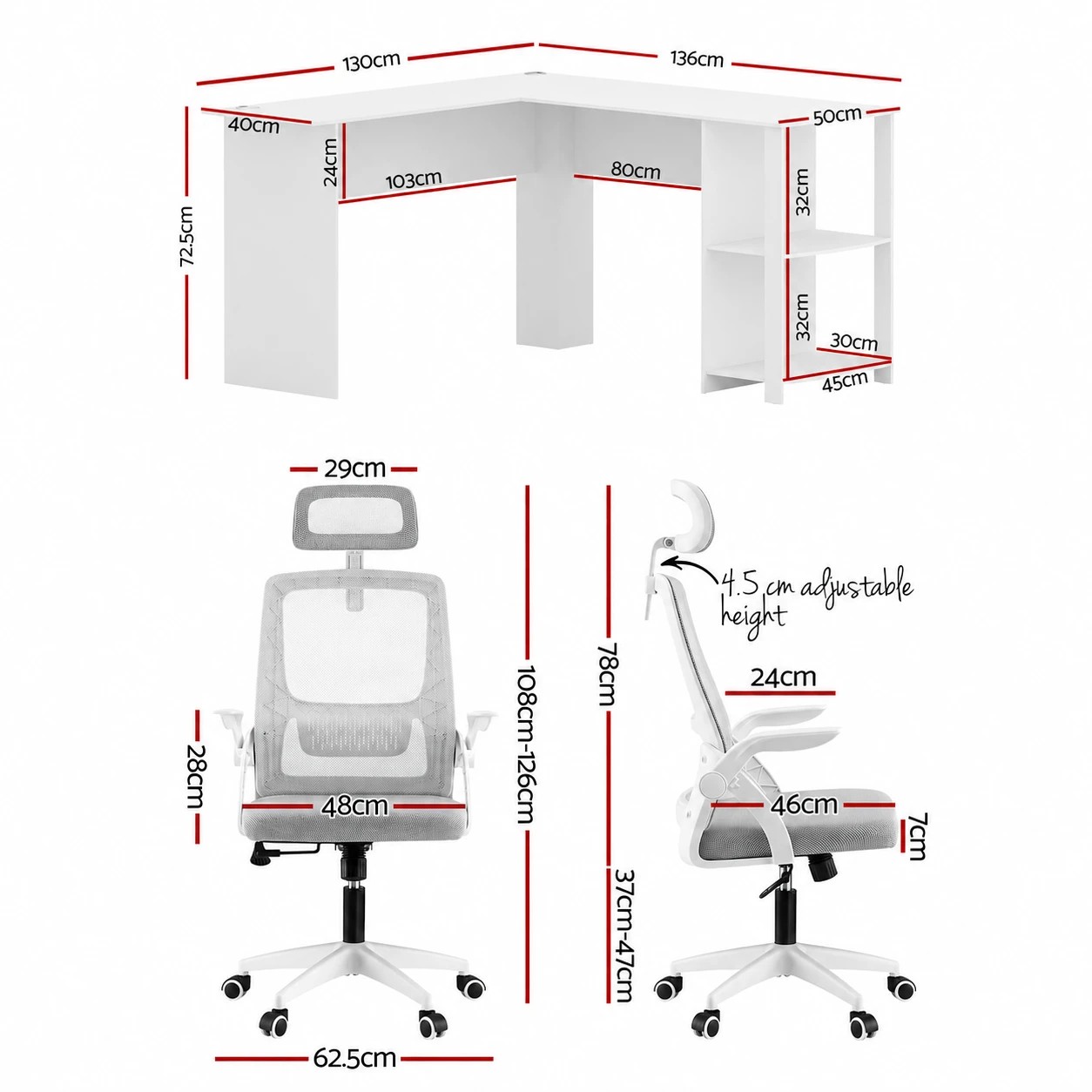 3 Artiss Office Desk & Chair Set 136cm L Shaped Computer Desk with Shelves Ergonomic Office Chair Adjustable - Multi, 3 of 8