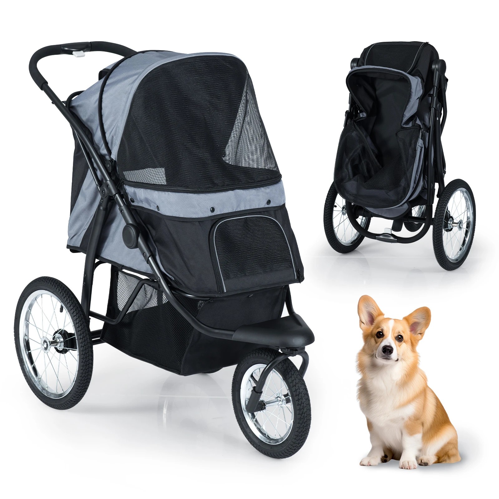 5 Costway 3-Wheels Pet Stroller Jogger Foldable Cat Dog Travel Cart w/Storage Basket, 5 of 5