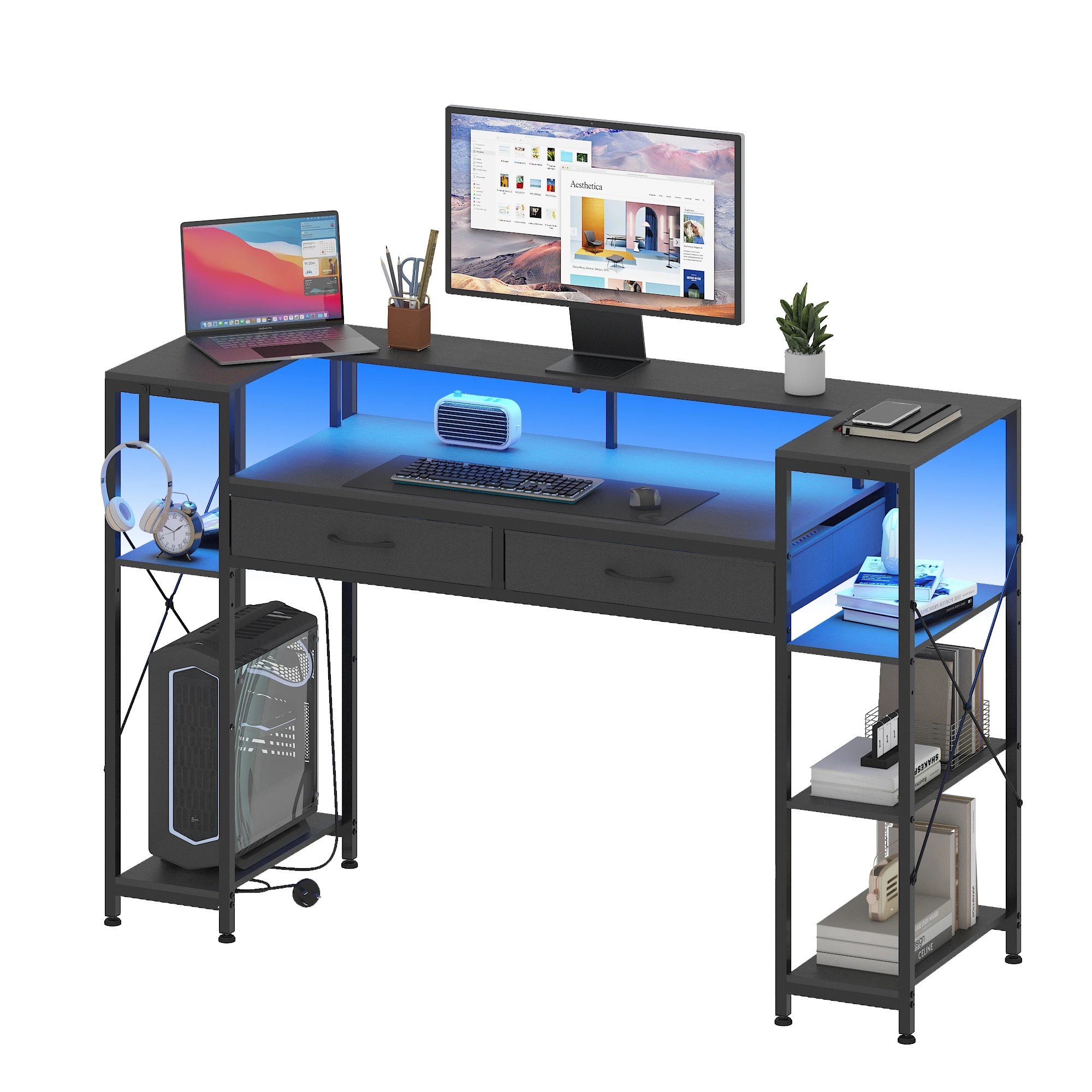 8 Advwin LED Gaming Desk w/ Monitor Stand & Power Outlets  Computer Table w/ Shelf hook - Black, 8 of 9