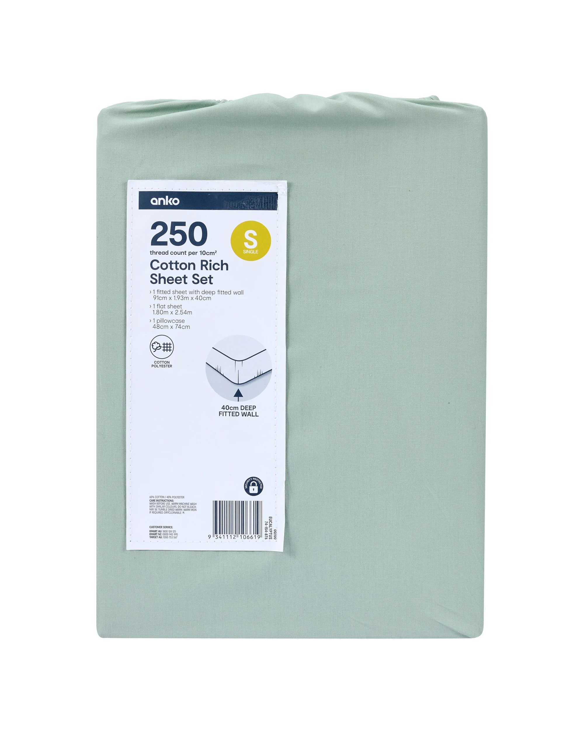 7 250 Thread Count Cotton Rich Sheet Set - Single Bed, Eucalyptus, 7 of 7