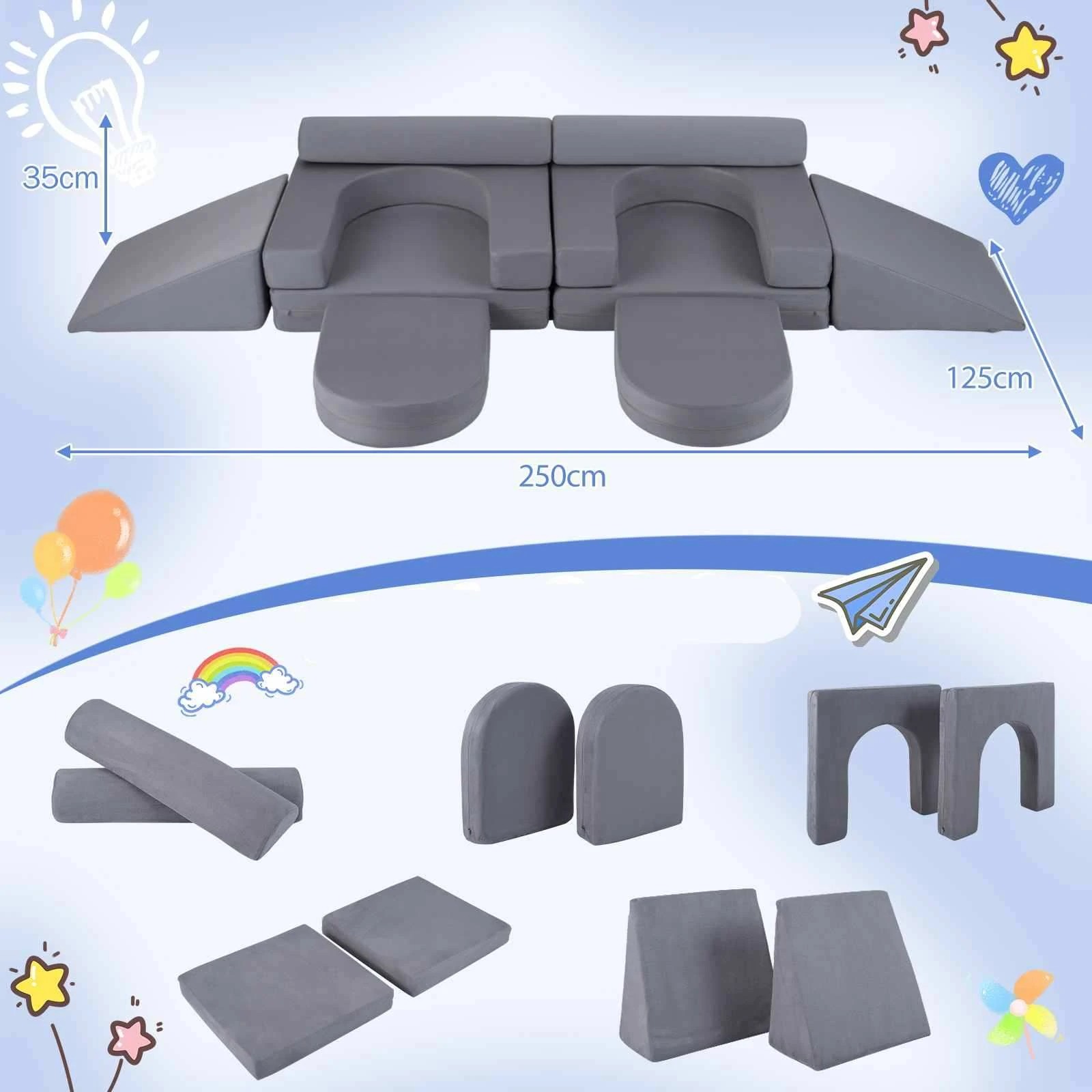 2 Costway 10 PCS Soft Foam Climb & Crawl Playset Modular Play Couch Convertible Sofa - Grey, 2 of 2