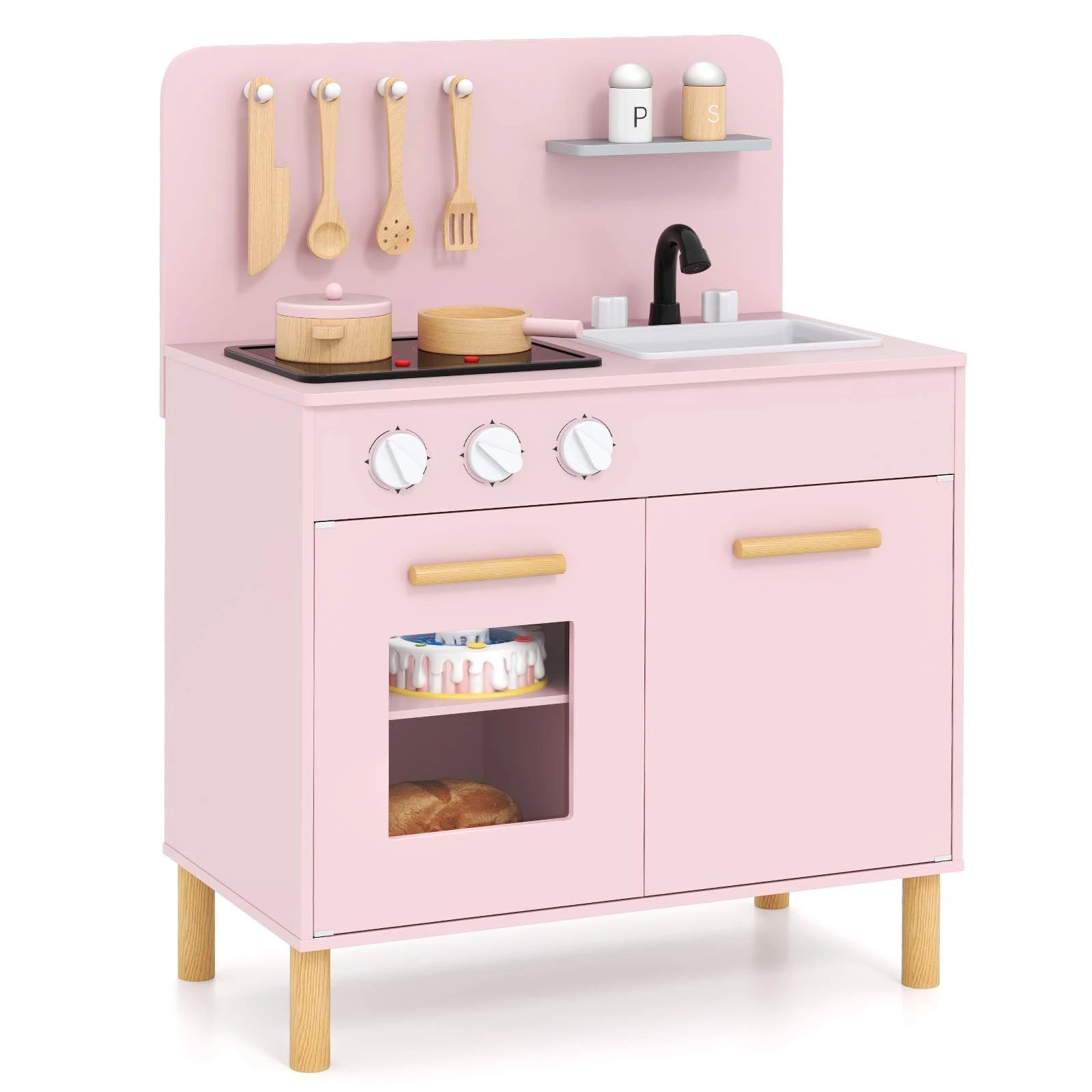 1 Costway Mini Pretend Play Kitchen Kitchen Playset w/Accessories - Pink, 1 of 1
