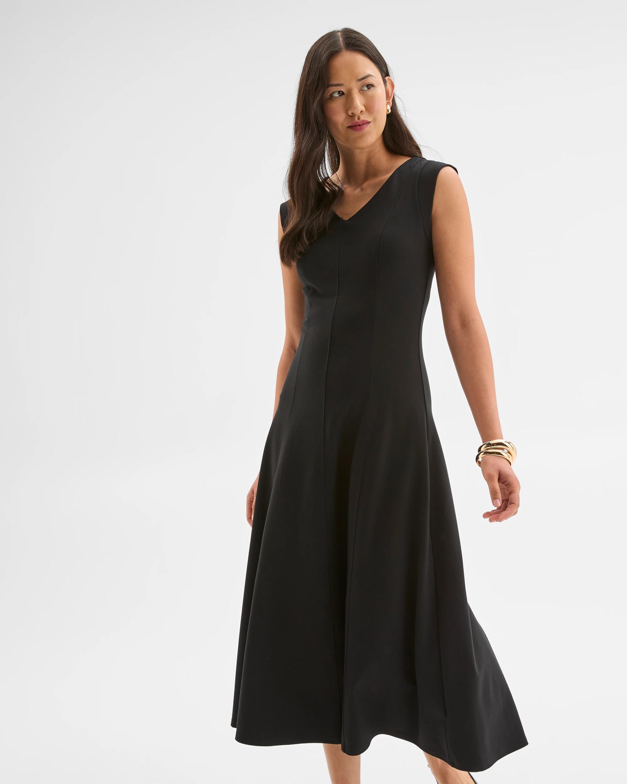 3 Preview Ponte Sleeveless Seamed A-Line Midi Dress BLACK, 3 of 7