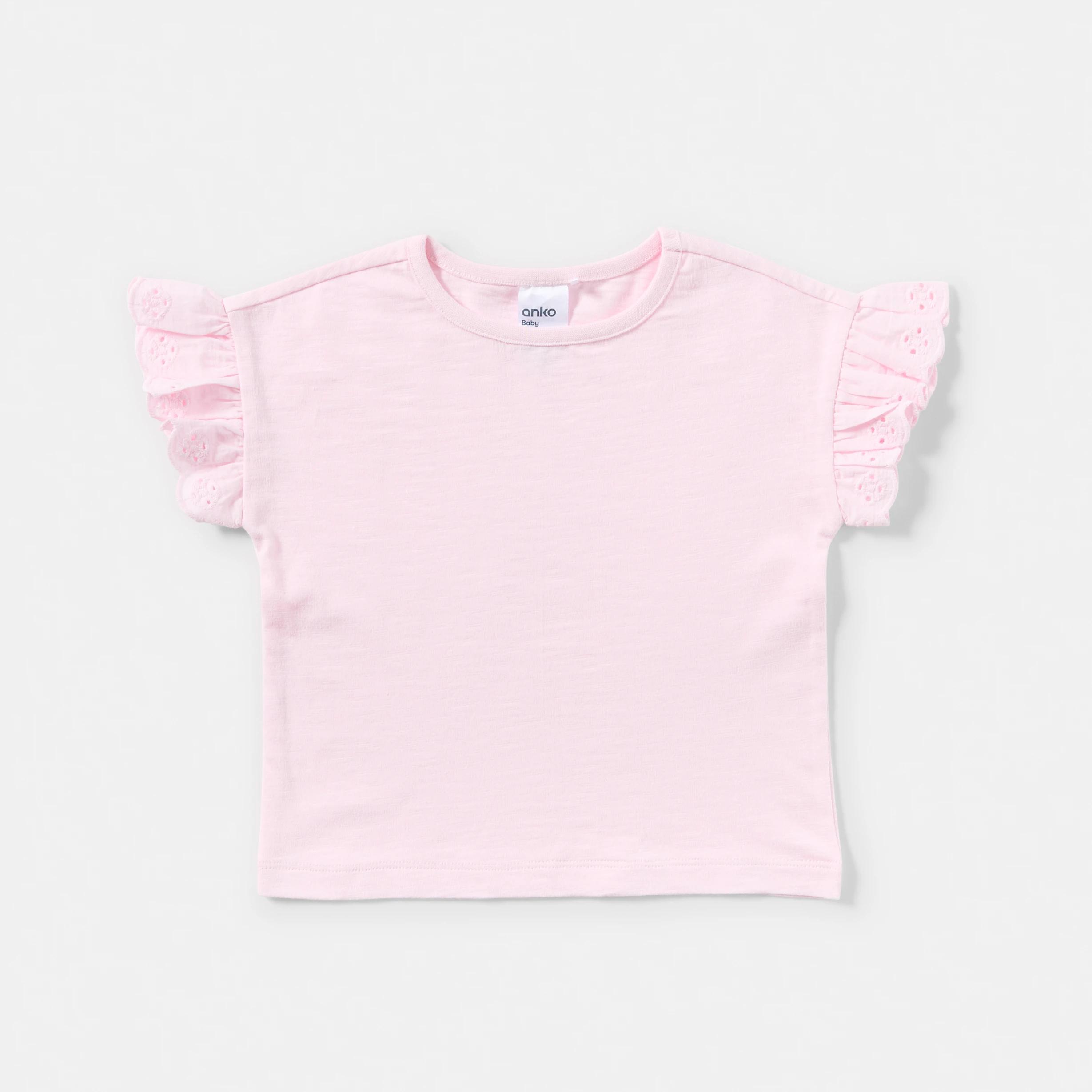 3 3 Pack Broderie Frill T-shirt PINK, BEIGE, PURPLE, 3 of 8
