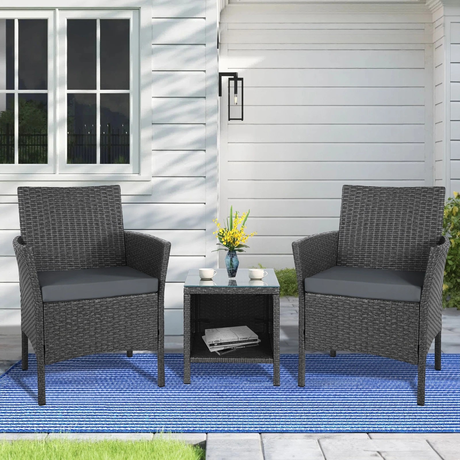 2 Alfordson Outdoor Furniture 3PCS Wicker Bistro Set Patio Chairs Table - Dark Grey, 2 of 9