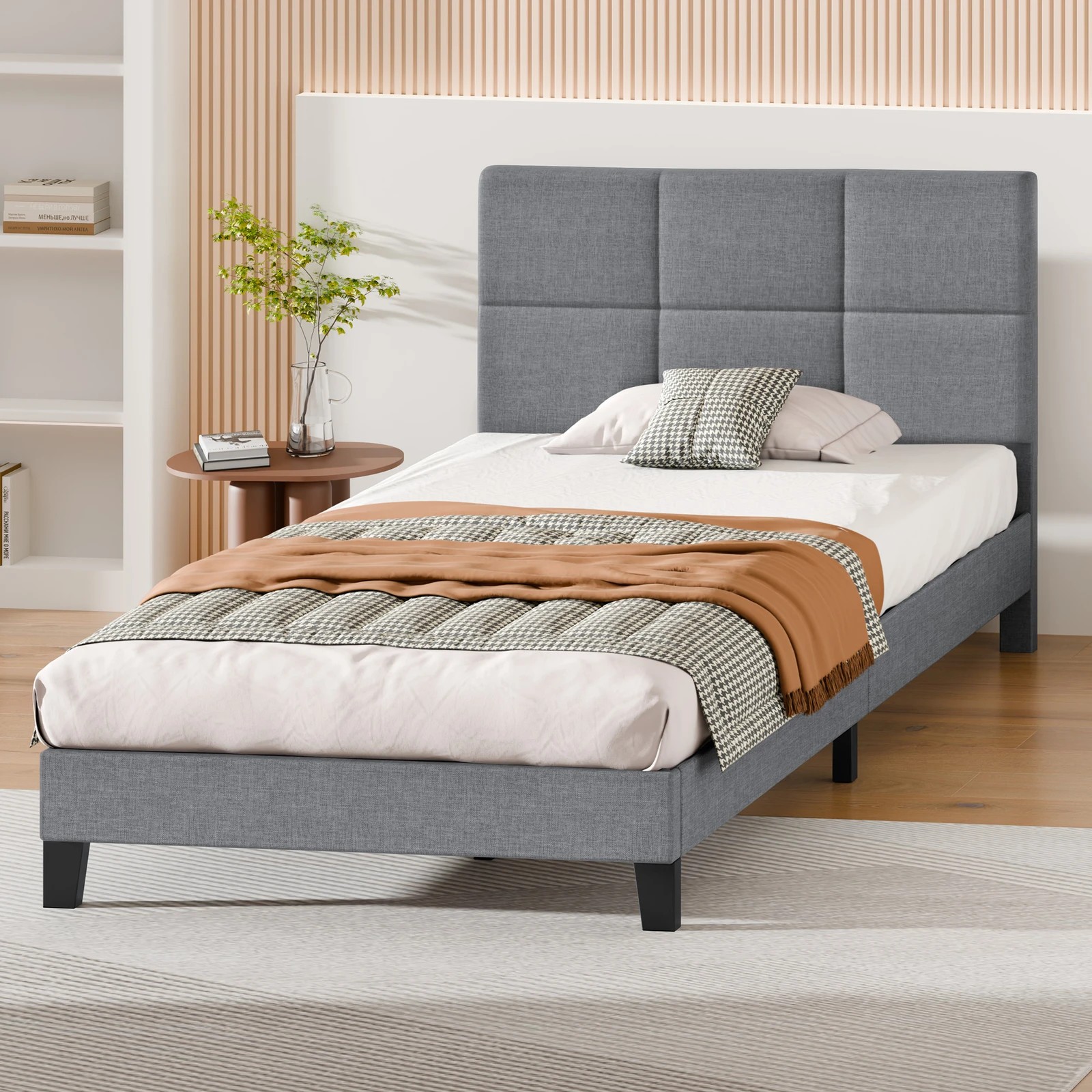 8 Alfordson Bed Frame Single Size Wooden Slats Platform Fabric Paula - Grey, 8 of 9