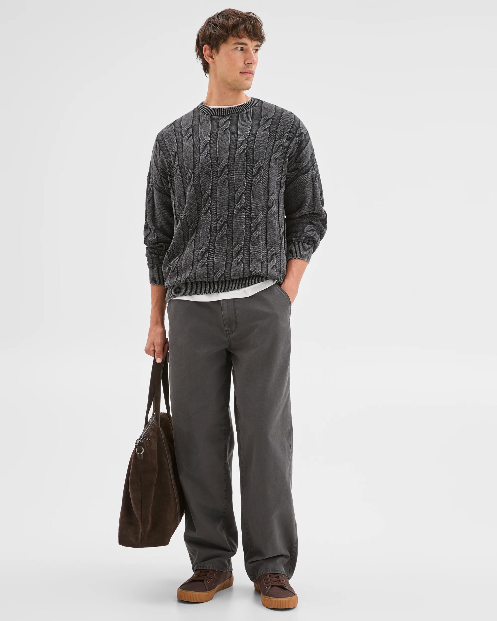 2 Commons Australian Cotton Cable Knit Washed Crew Jumper ACID BLACK, 2 of 6