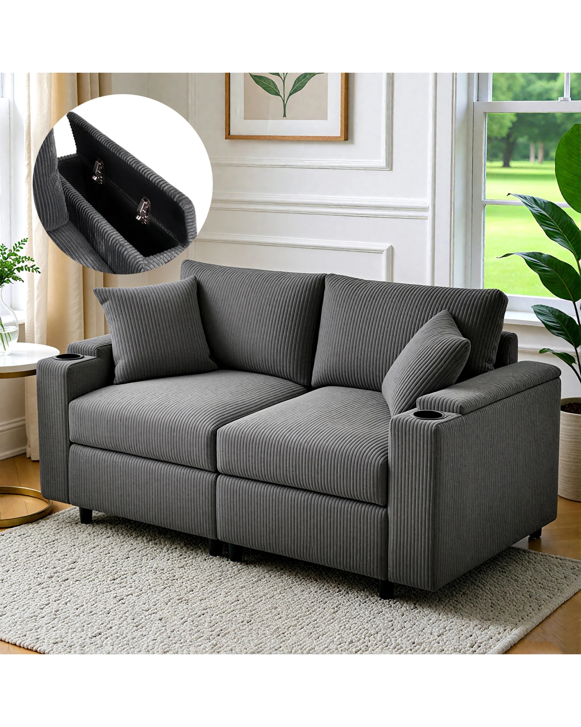 2 Advwin 182cm 2 Seater Sofa Corduroy Modular Lounge Couch w/ Storage Armrests & Cup Holder, 2 of 9