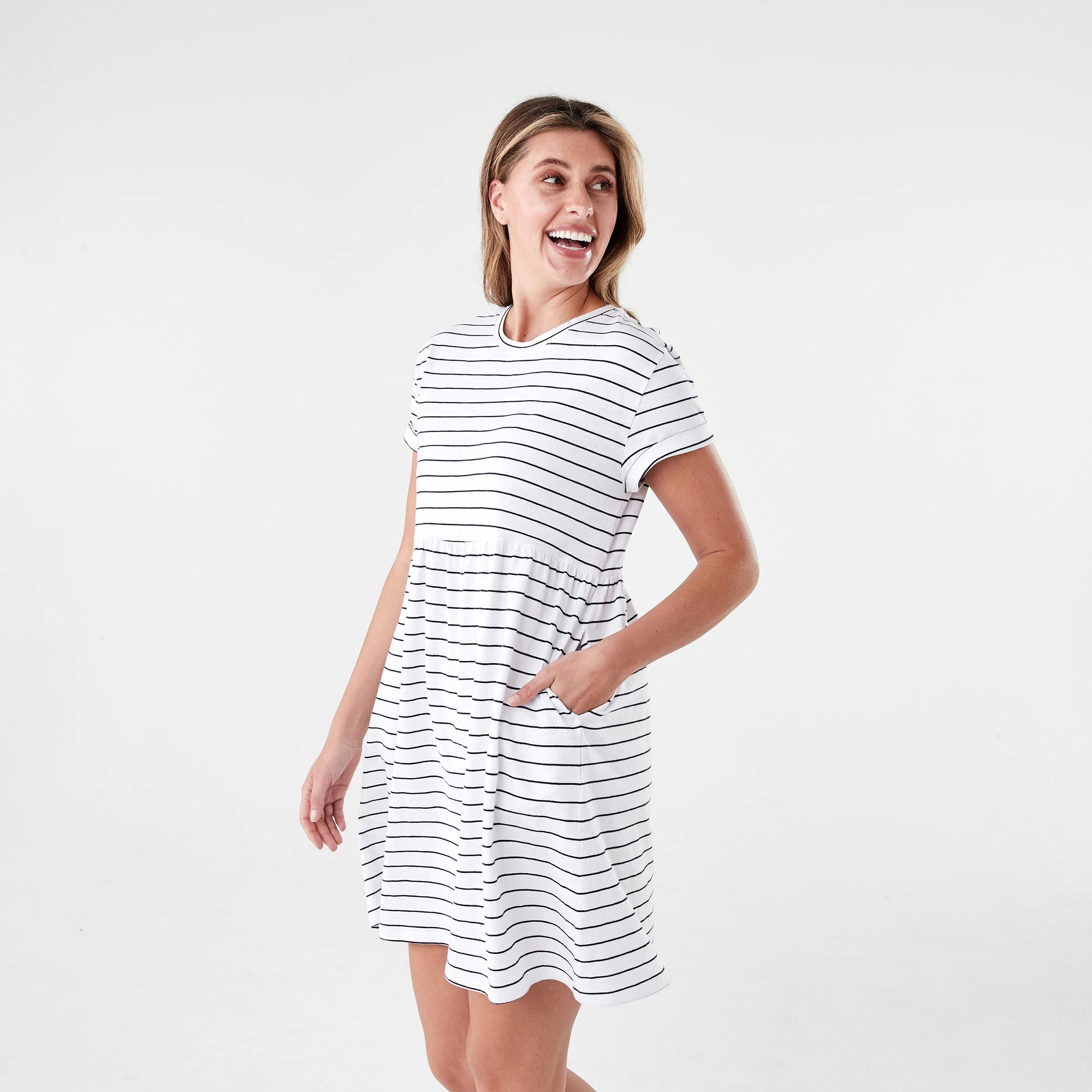 2 Short Sleeve Cuff Detail Jersey Mini Dress Strp Wht, 2 of 6