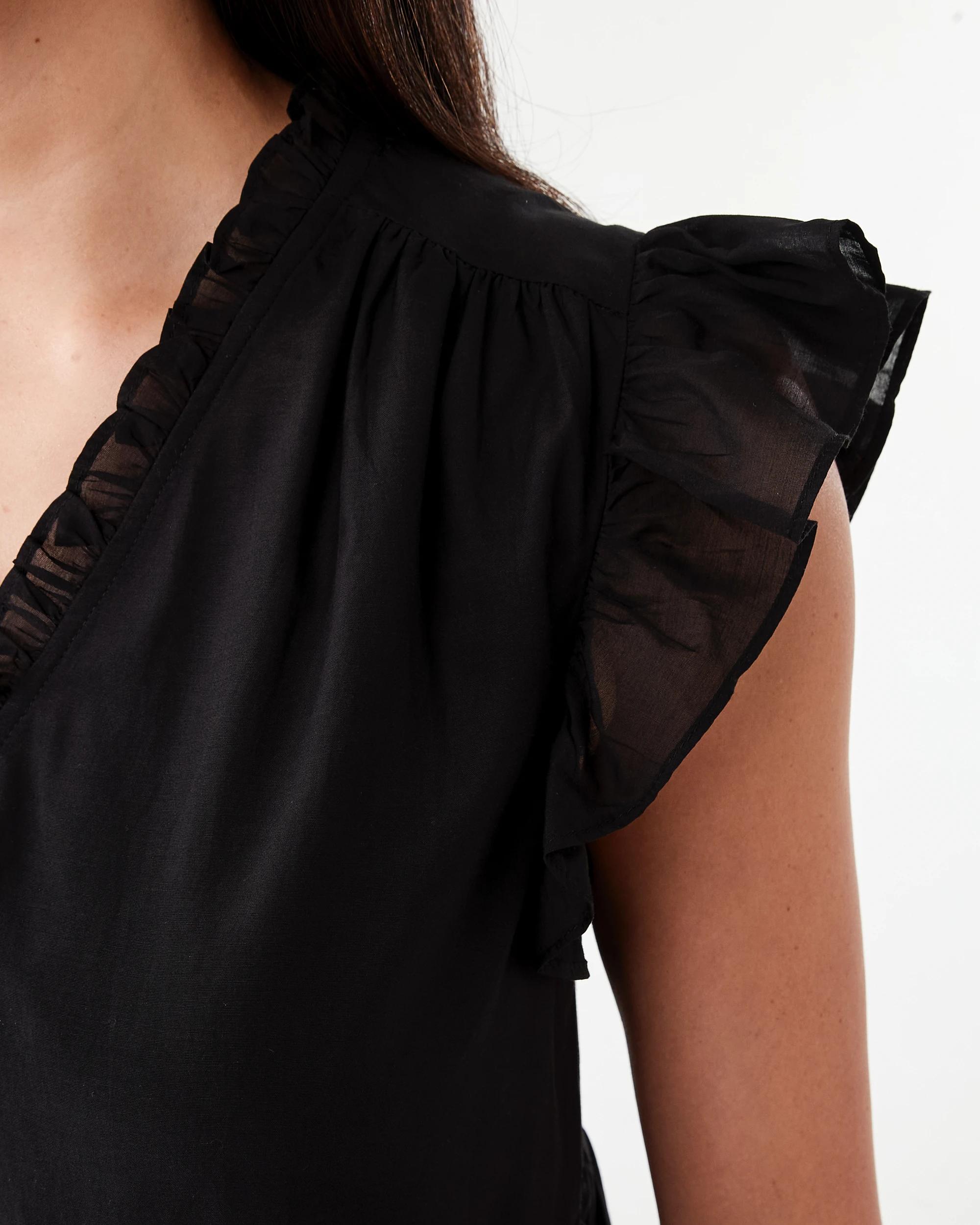 6 Short Sleeve Lace Trim Flutter Top Black, 6 of 8