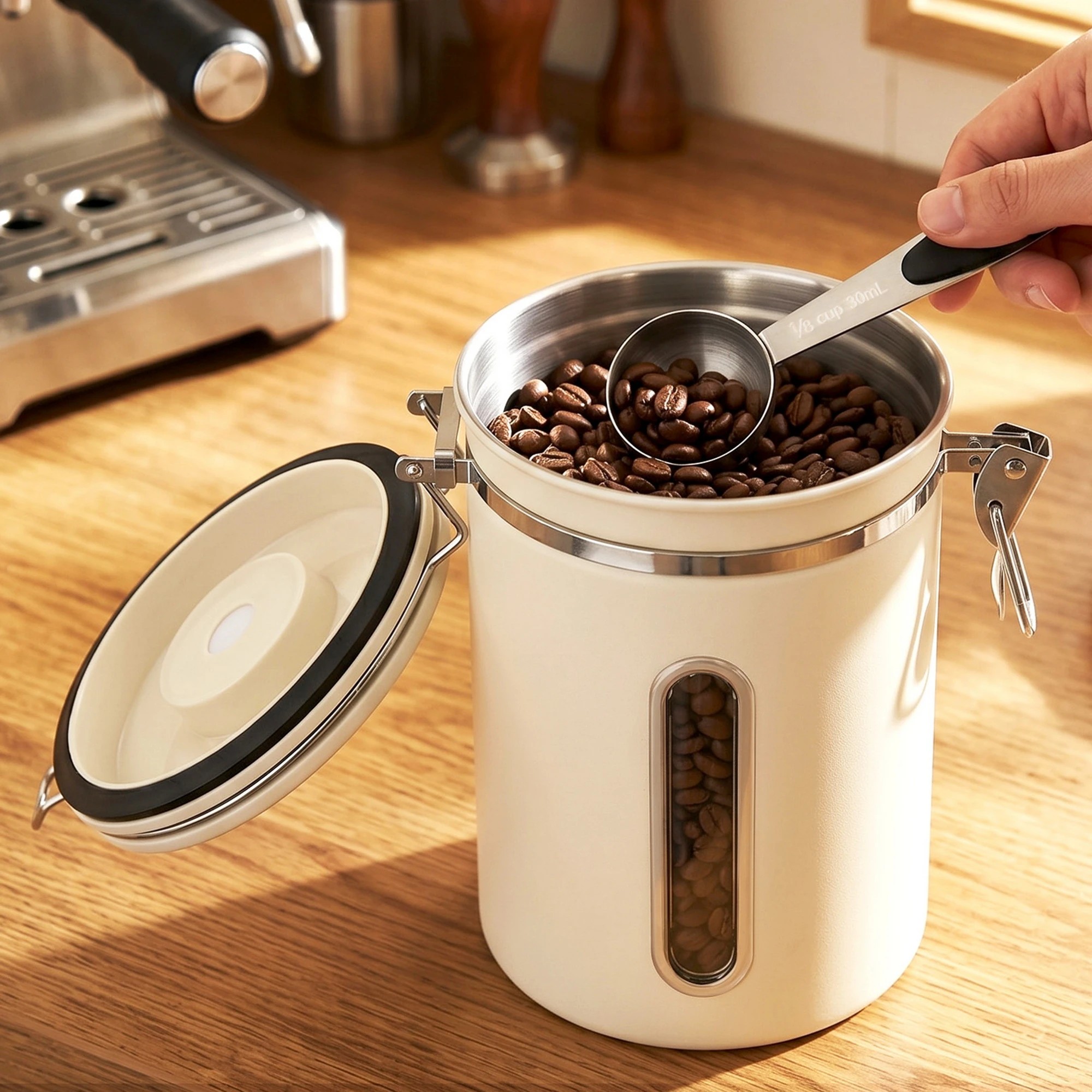 4 5-Star Chef 1.8L Stainless Steel Coffee Bean Storage Container Coffee Canister with Window & Scoop Coffee Jar - Beige, 4 of 9