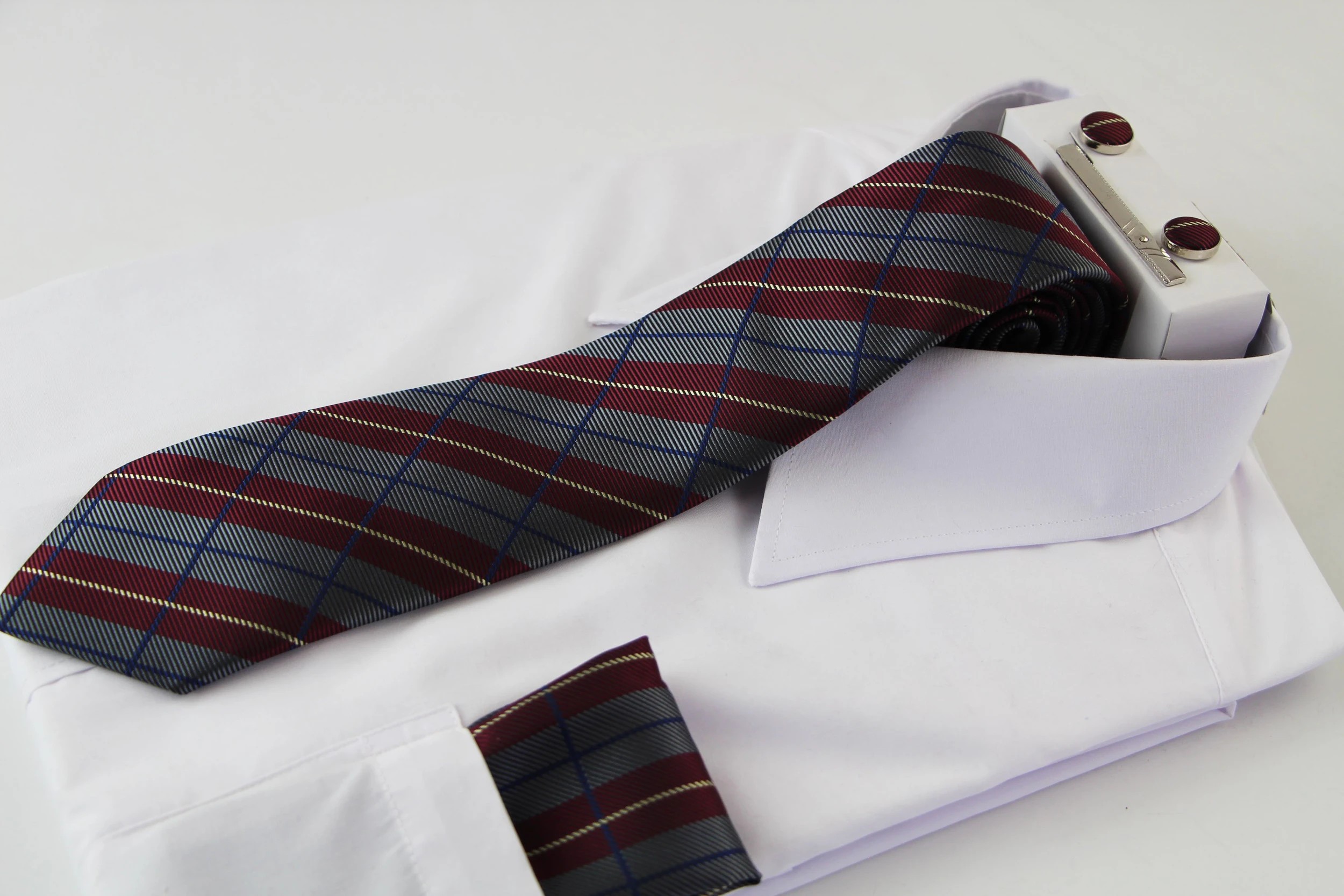 1 Zasel Mens Grey, Maroon & Navy Checkered Matching Neck Tie, Pocket Square, Cuff Links And Tie Clip Set - Multi, 1 of 3