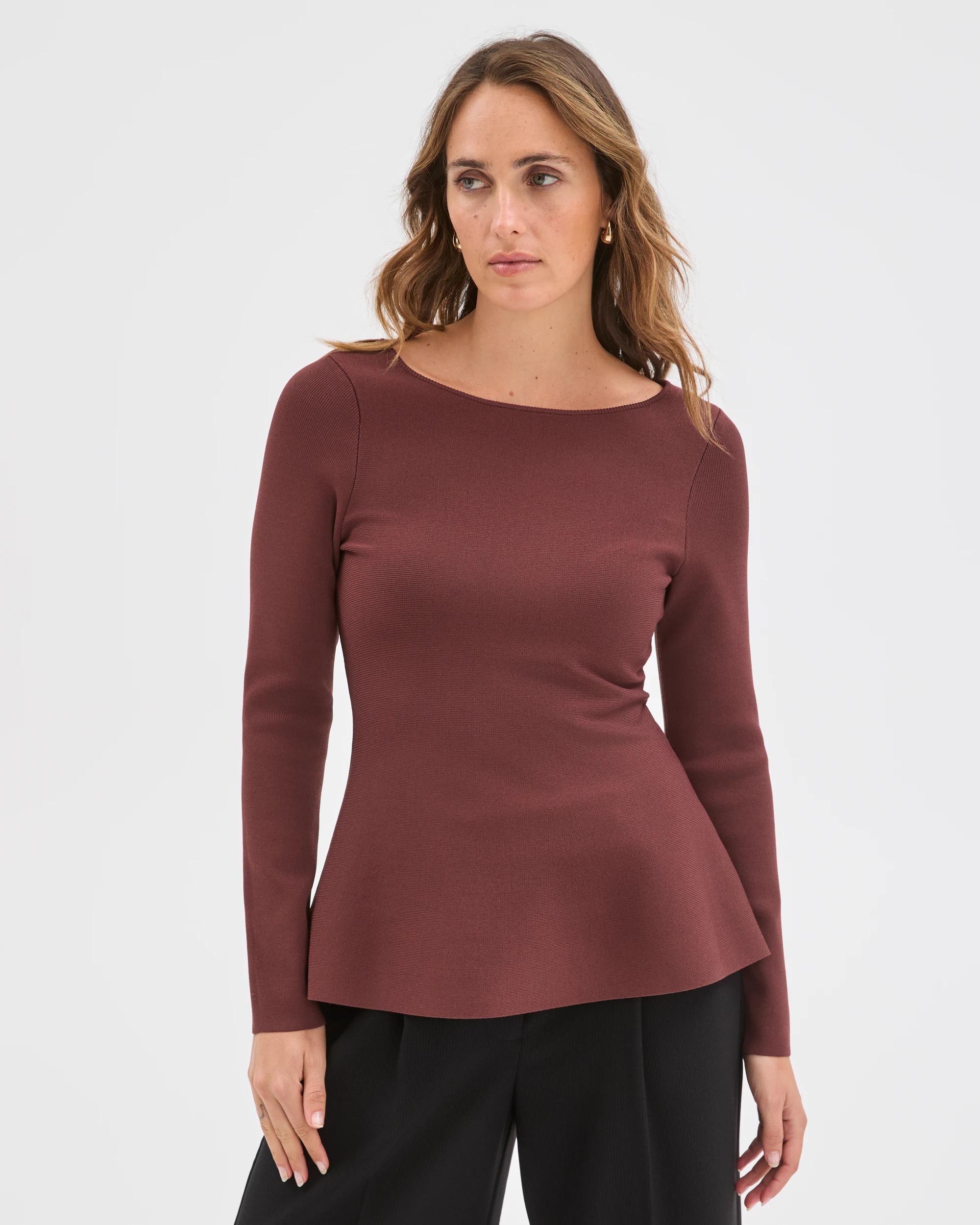 3 Preview Long Sleeve Peplum Crepe Knit Top DARK CHOCOLATE, 3 of 7