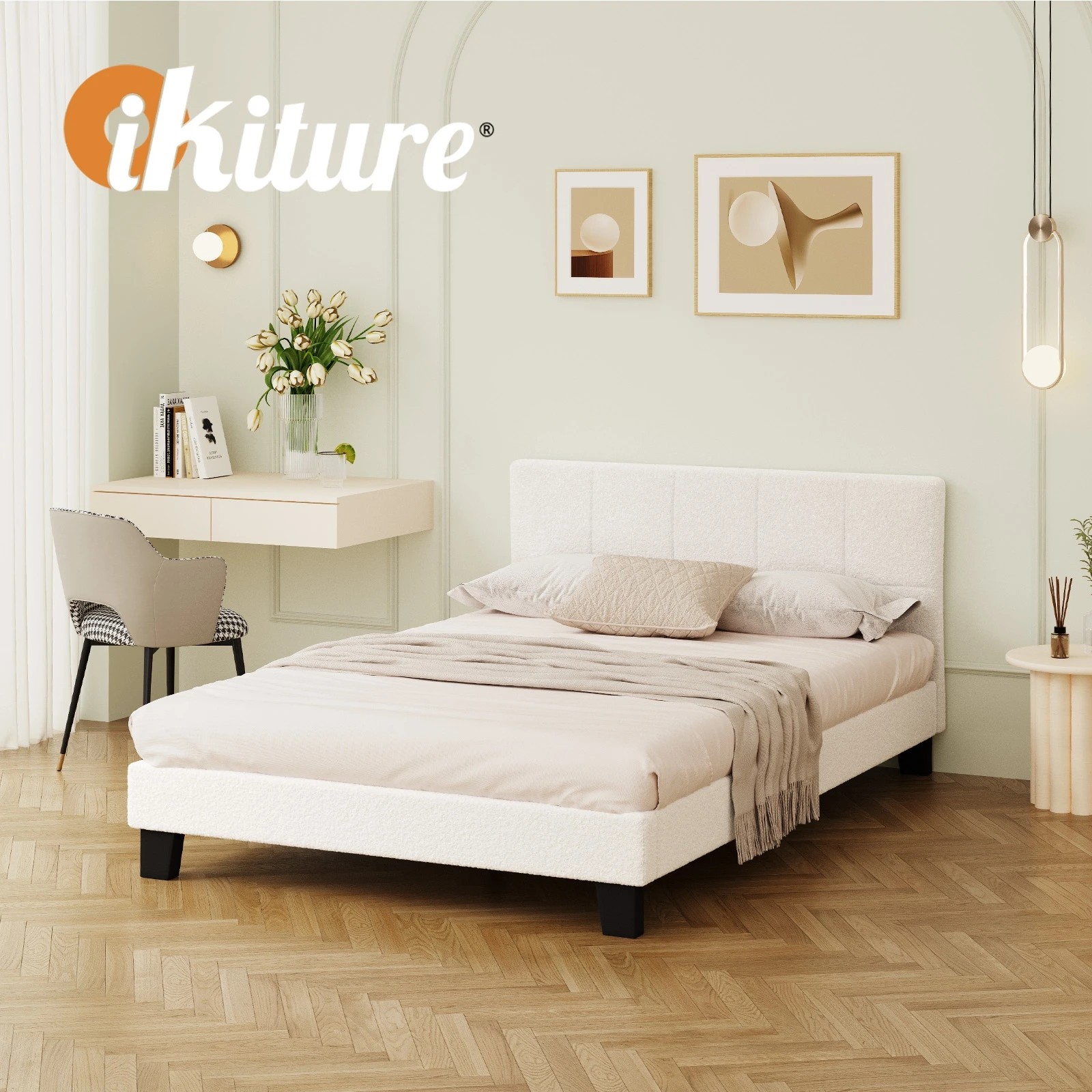 6 Oikiture Bed Frame Double Size Base White Boucle Tofu
 - White, 6 of 10