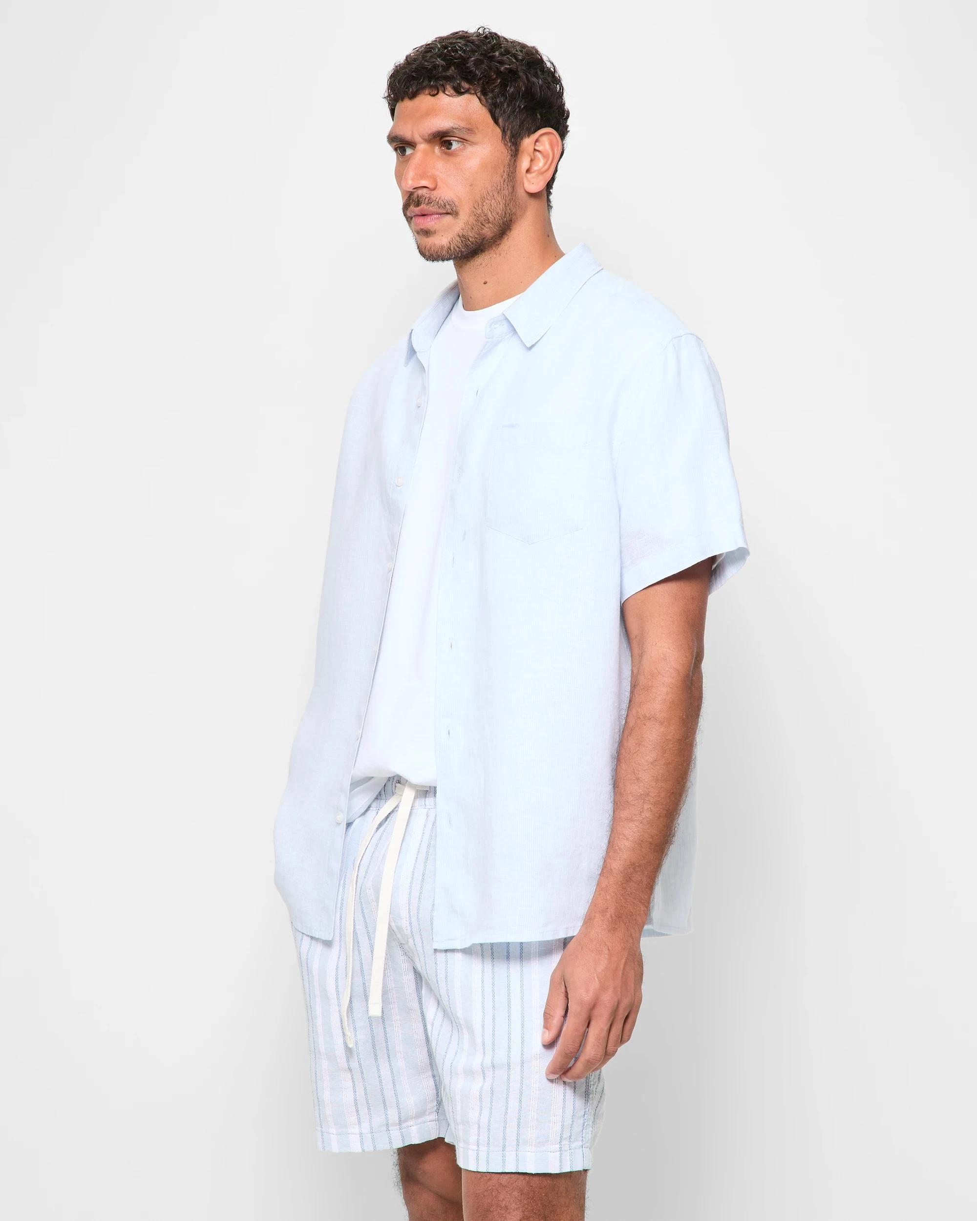 3 Target Man European Linen Short Sleeve Shirt MICROSTRIPE LIGHT BLUE, 3 of 5