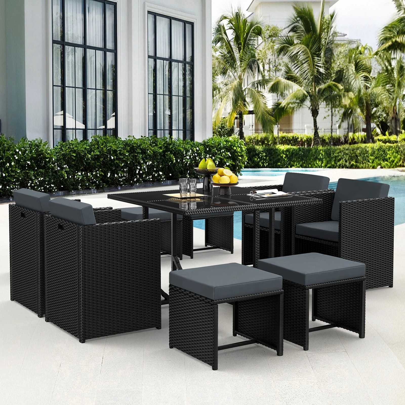 2 Alfordson Outdoor Dining Set 9 PCS Table Chairs Patio Lounge Wicker Furniture - Black, 2 of 9