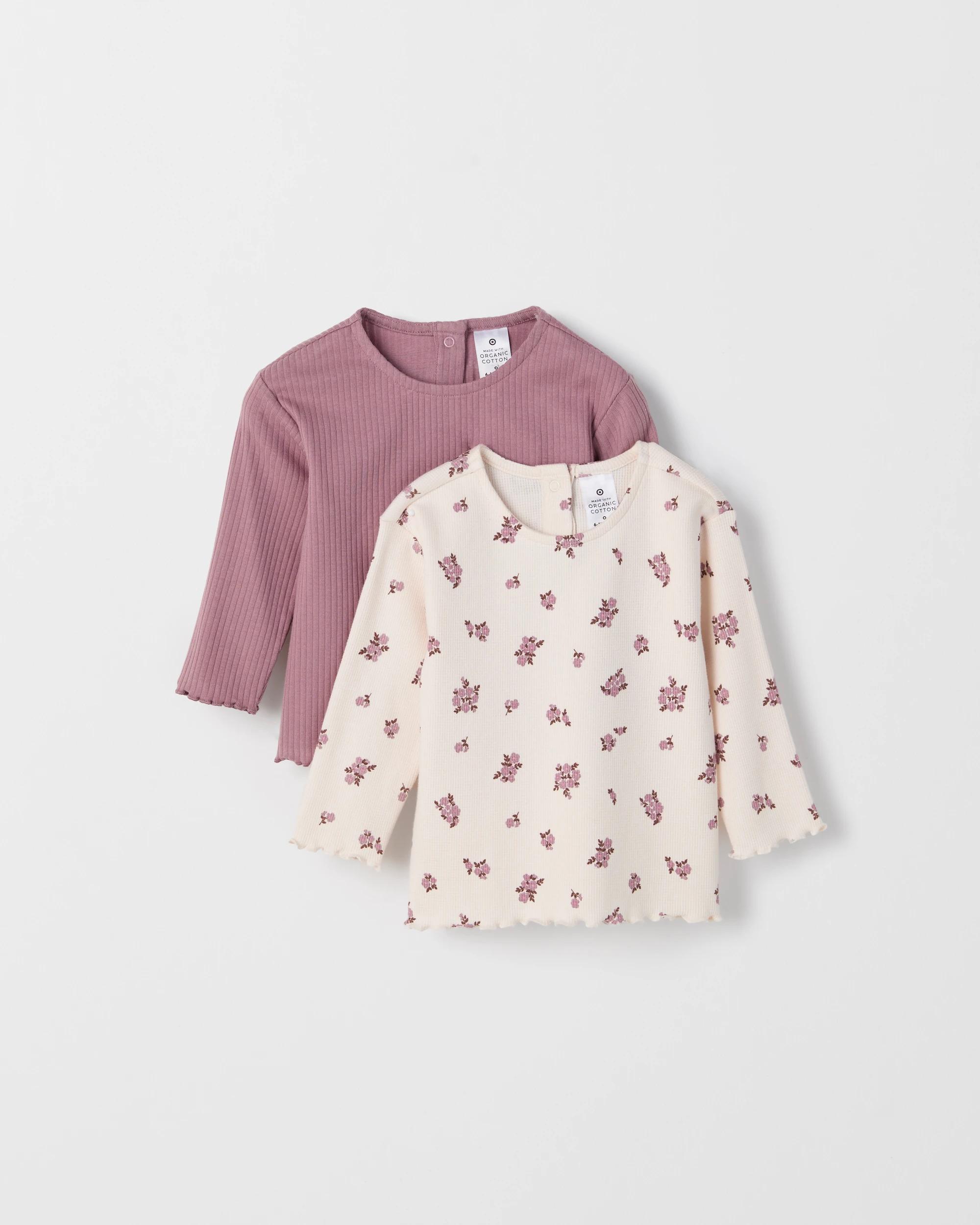1 Target Baby Baby Organic Cotton 2 Pack Long Sleeve Waffle & Rib T-Shirt FLORAL, 1 of 3