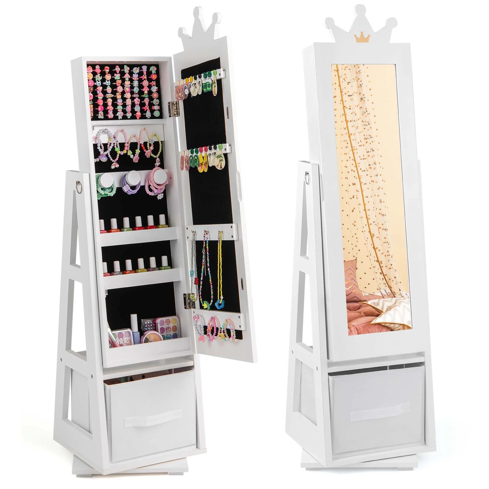 1 Costway 360° Swivel Jewelry Cabinet Armoire Dressing Mirror - White, 1 of 3
