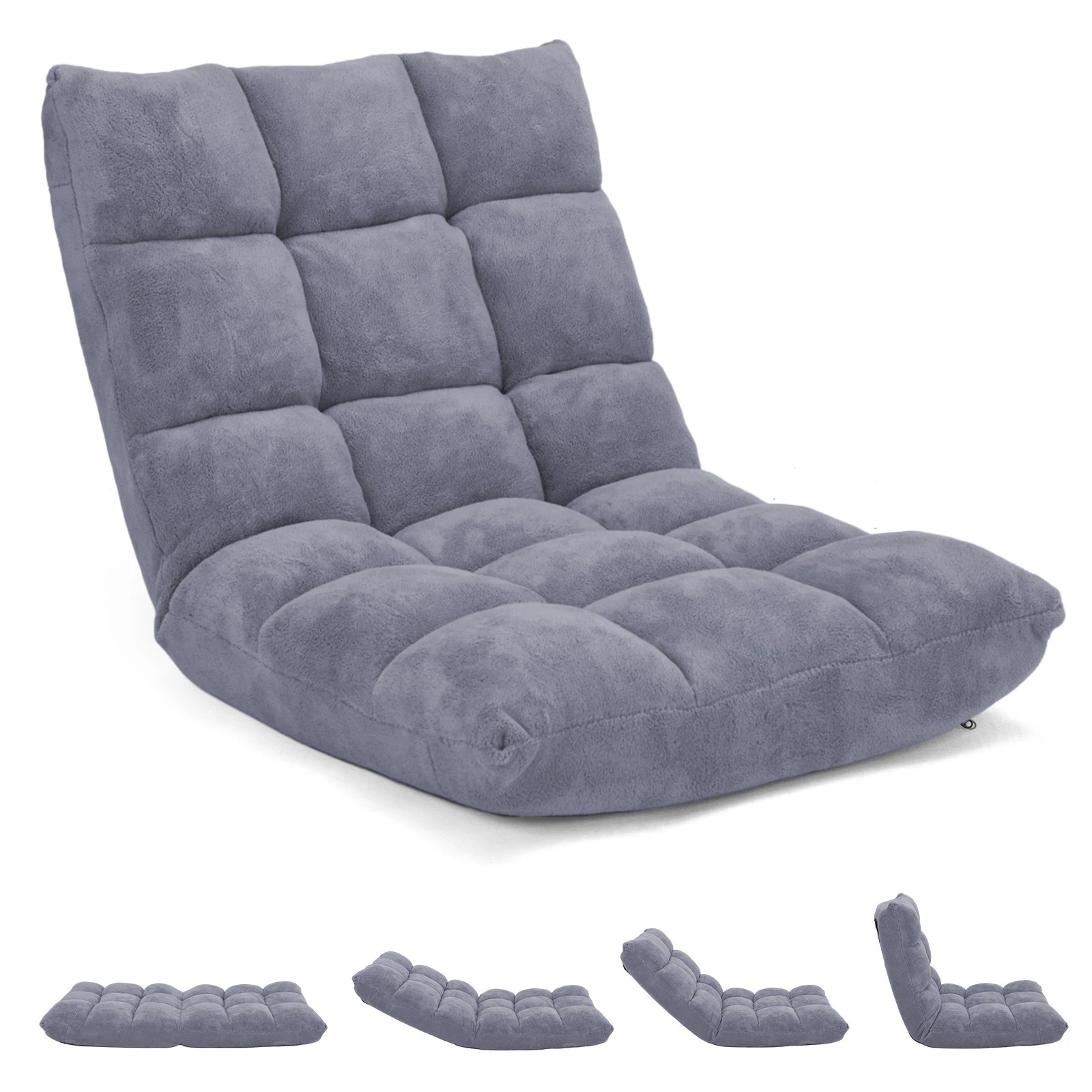 1 Costway Adjustable Floor Chair Lazy Sofa Velvet Lounge Recliner Grey, 1 of 9