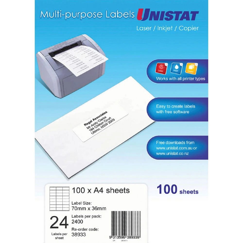 1 Unistat 24UP Inkjet Laser Labels 100 Sheets, 1 of 1