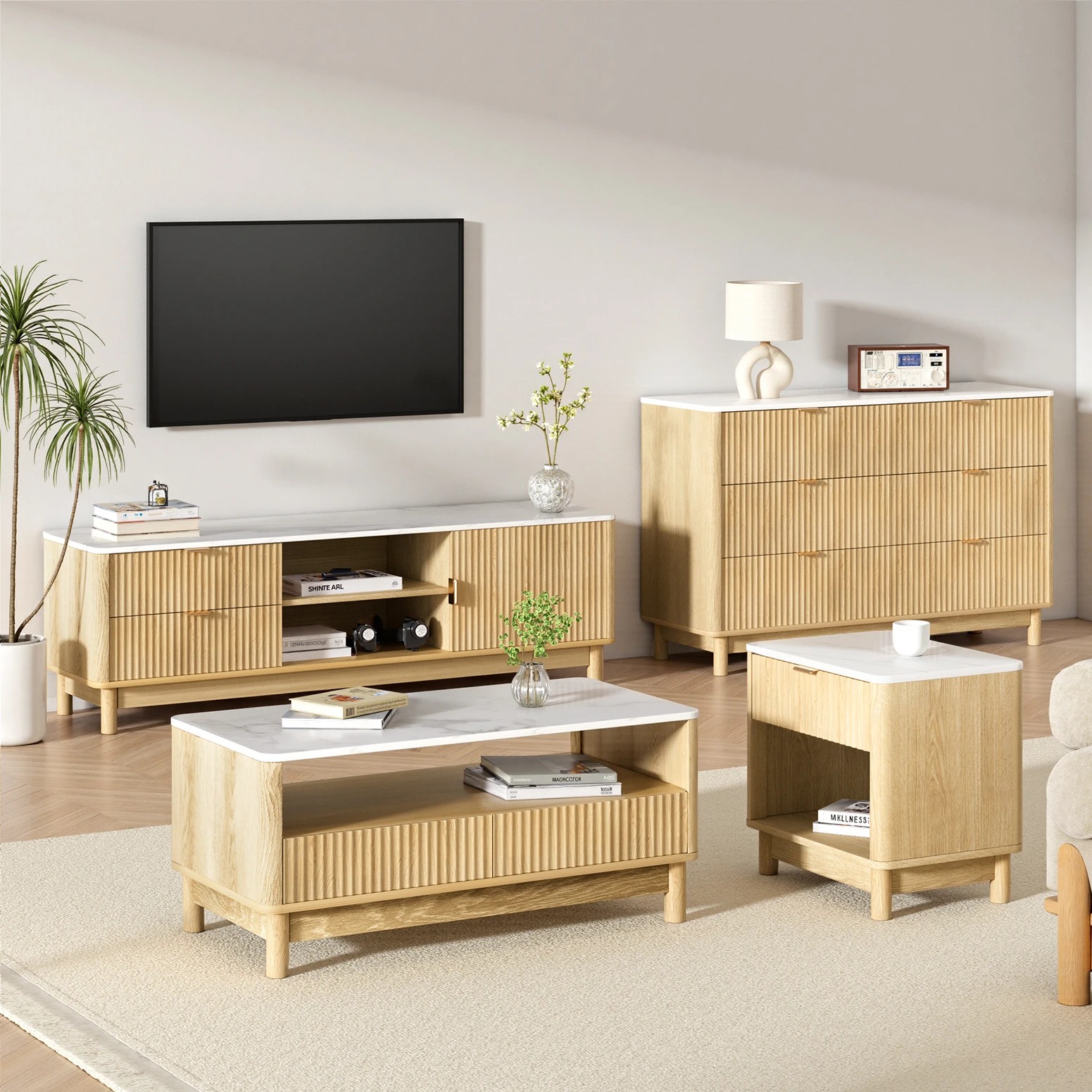 7 Artiss TV Unit & Coffee Table Set Storage Drawers - Natural, 7 of 8