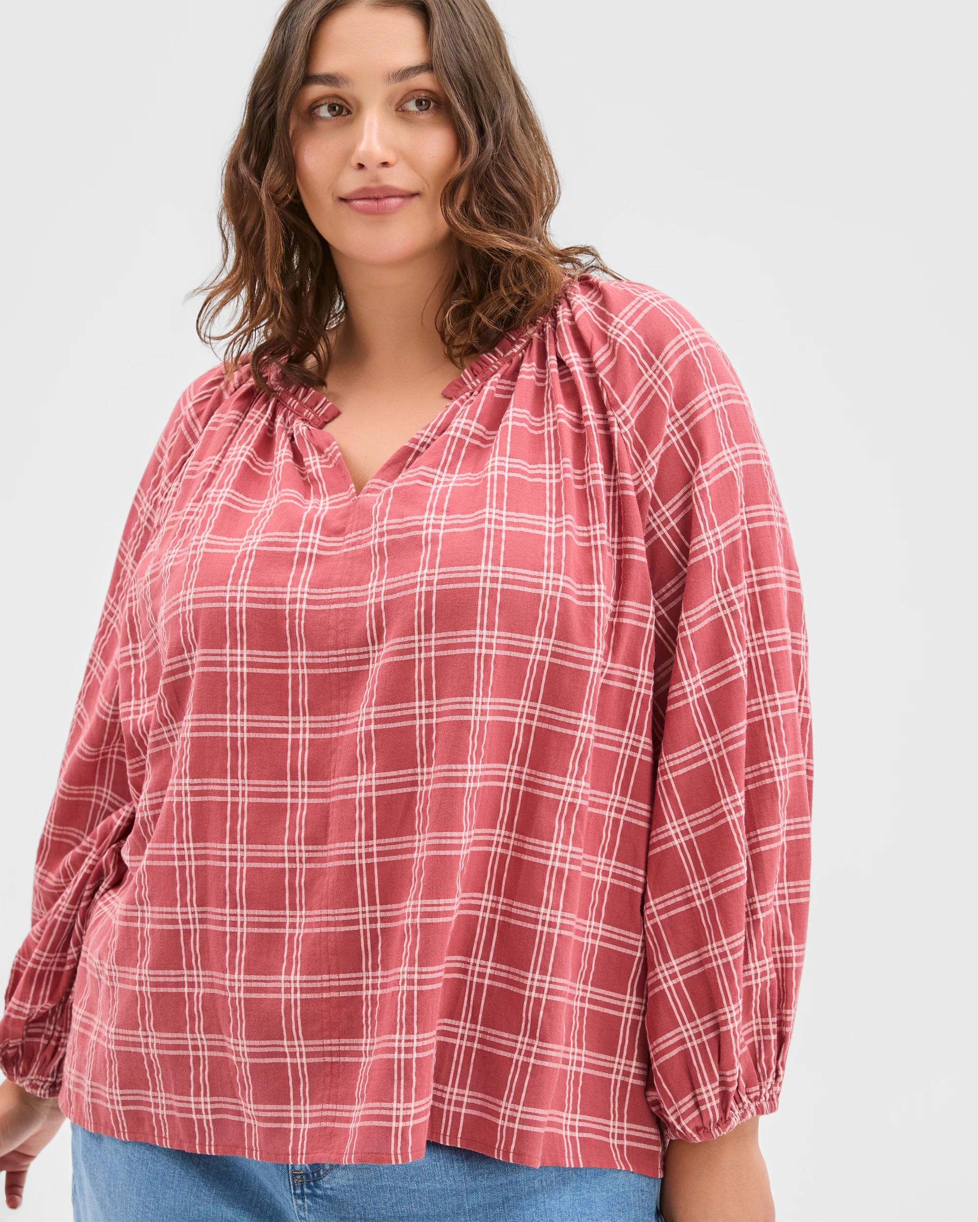 2 Target Curve Plus Size Long Sleeve Check Detail Blouse DUSTY ROSE, 2 of 6