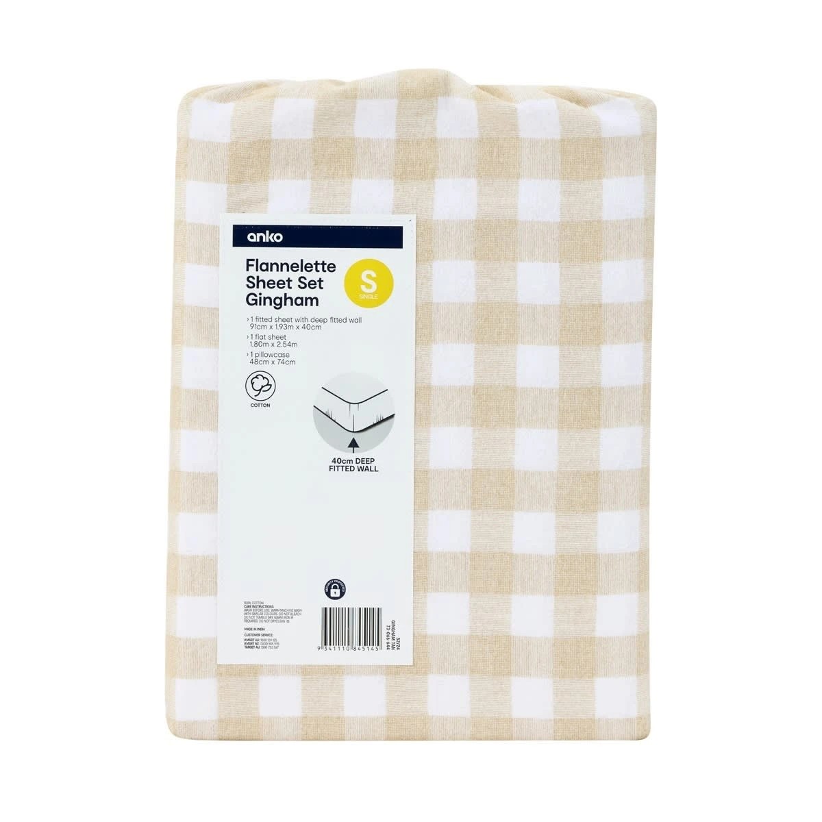 7 Gingham Cotton Flannelette Sheet Set - Single Bed, Tan, 7 of 7