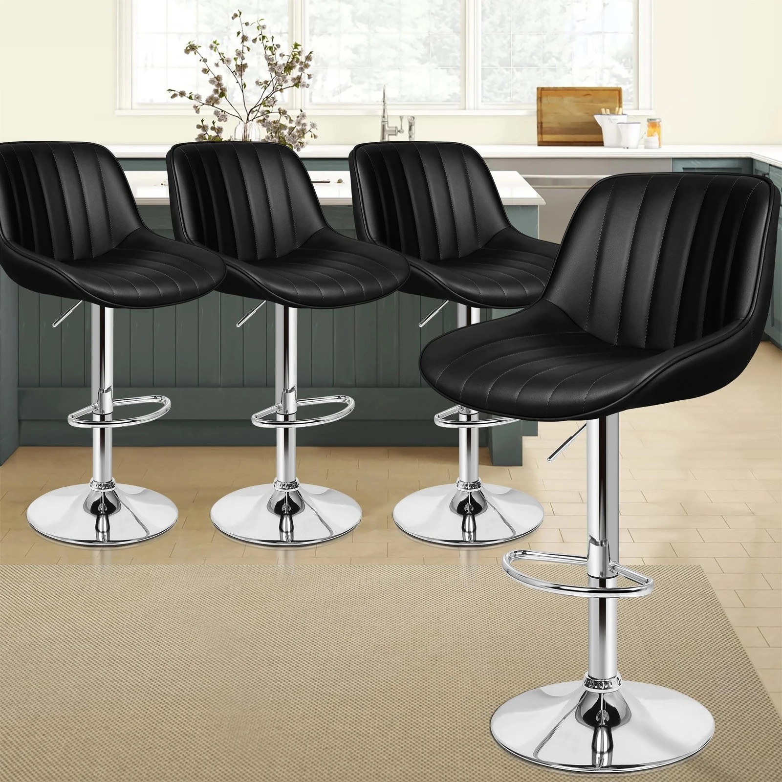 3 Alfordson 4x Bar Stools Gas Lift Leather Bar Chairs Kitchen Swivel Wendy - Black, 3 of 10