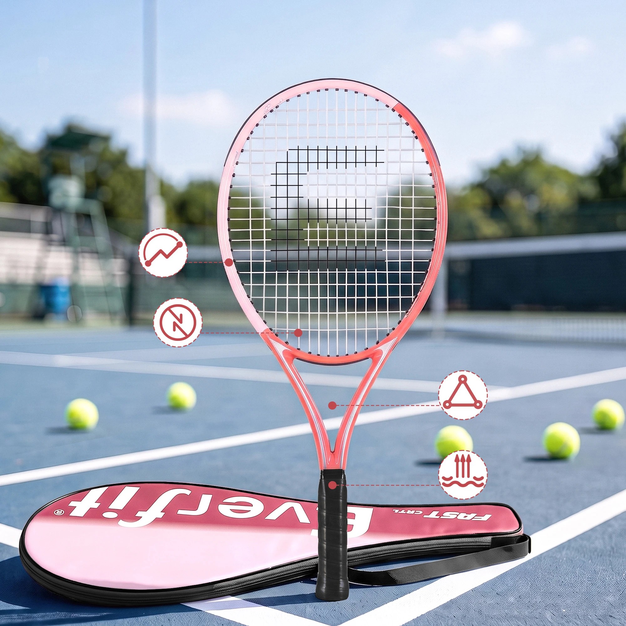 4 Everfit 27 Inch Tennis Racket Lightweight Adult Racquet with Larger Head and Cushioned Grip for Beginners - Pink, 4 of 9