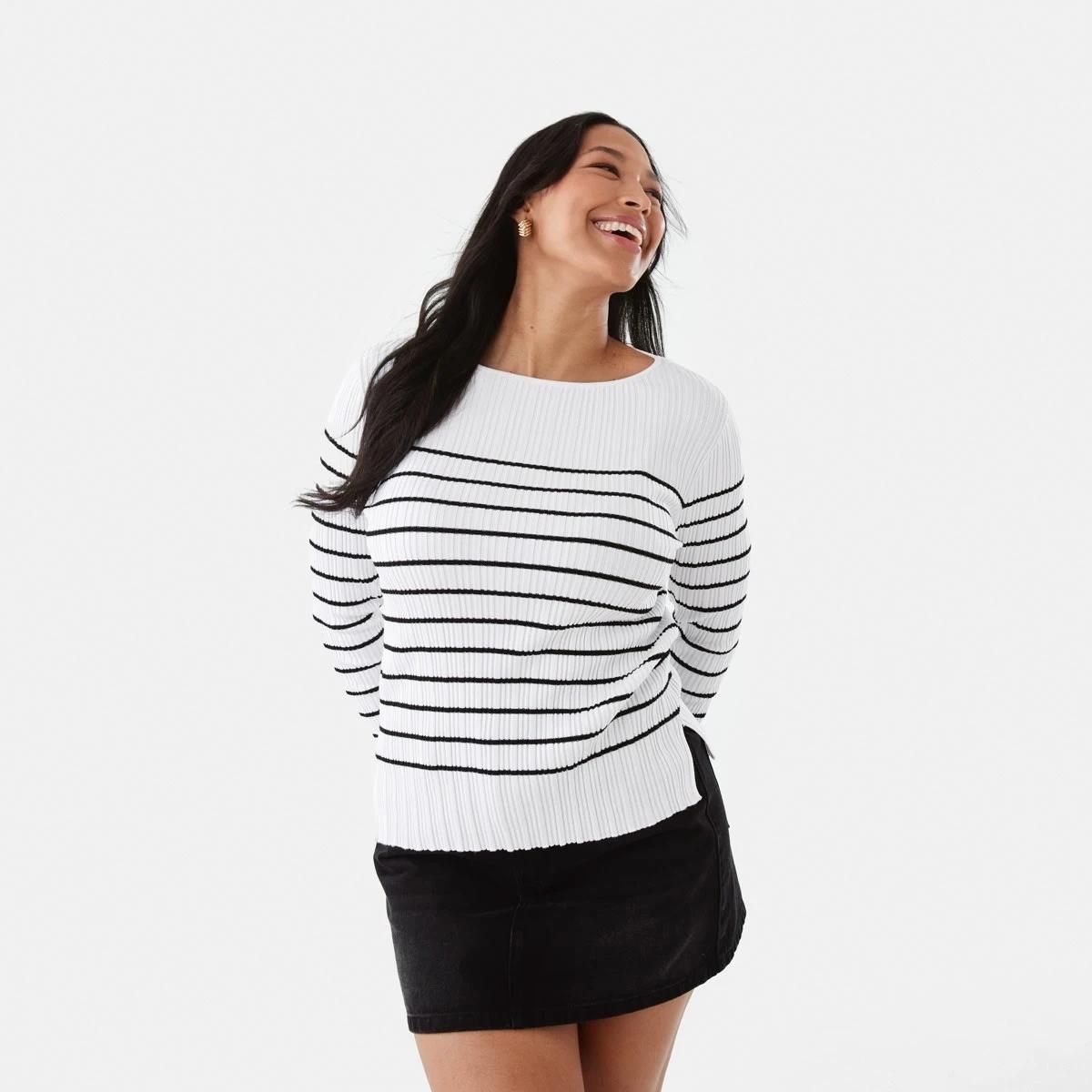 1 Long Sleeve Rib Boat Neck Top BLACK STRIPE, 1 of 9