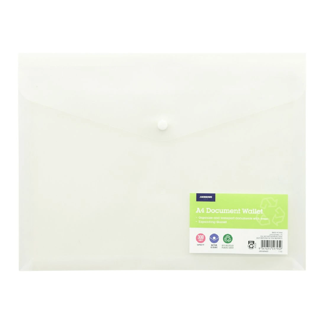 1 J.Burrows A4 Button Document Wallet Clear, 1 of 5